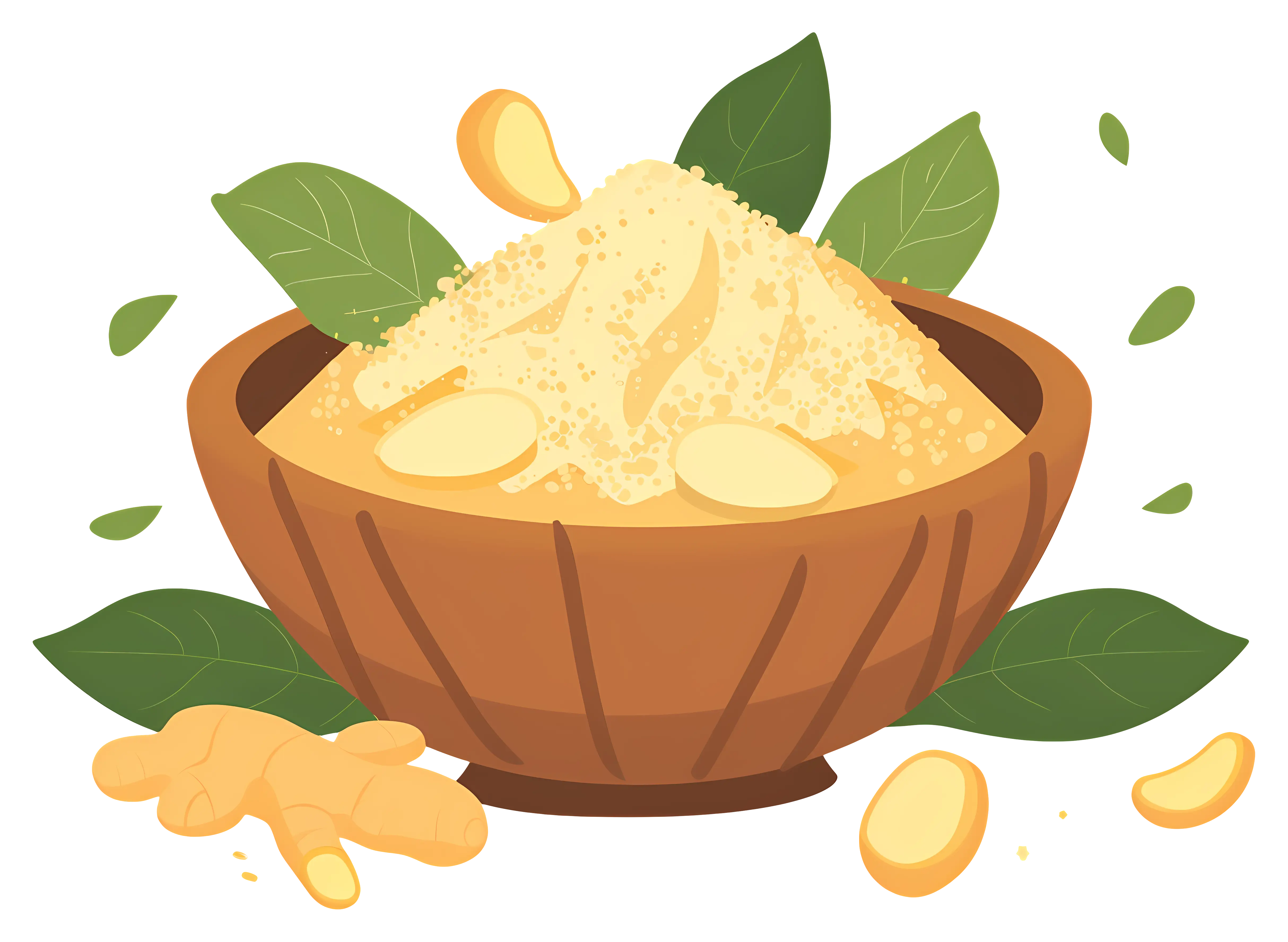 Wooden Bowl with Ginger Powder and Leaves