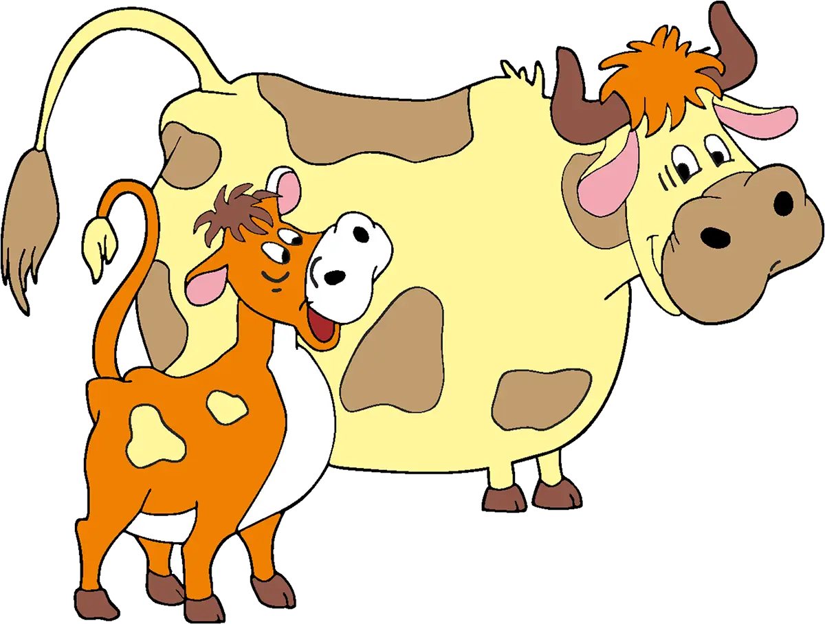 Playful Cartoon Illustration of Mother Cow and Calf