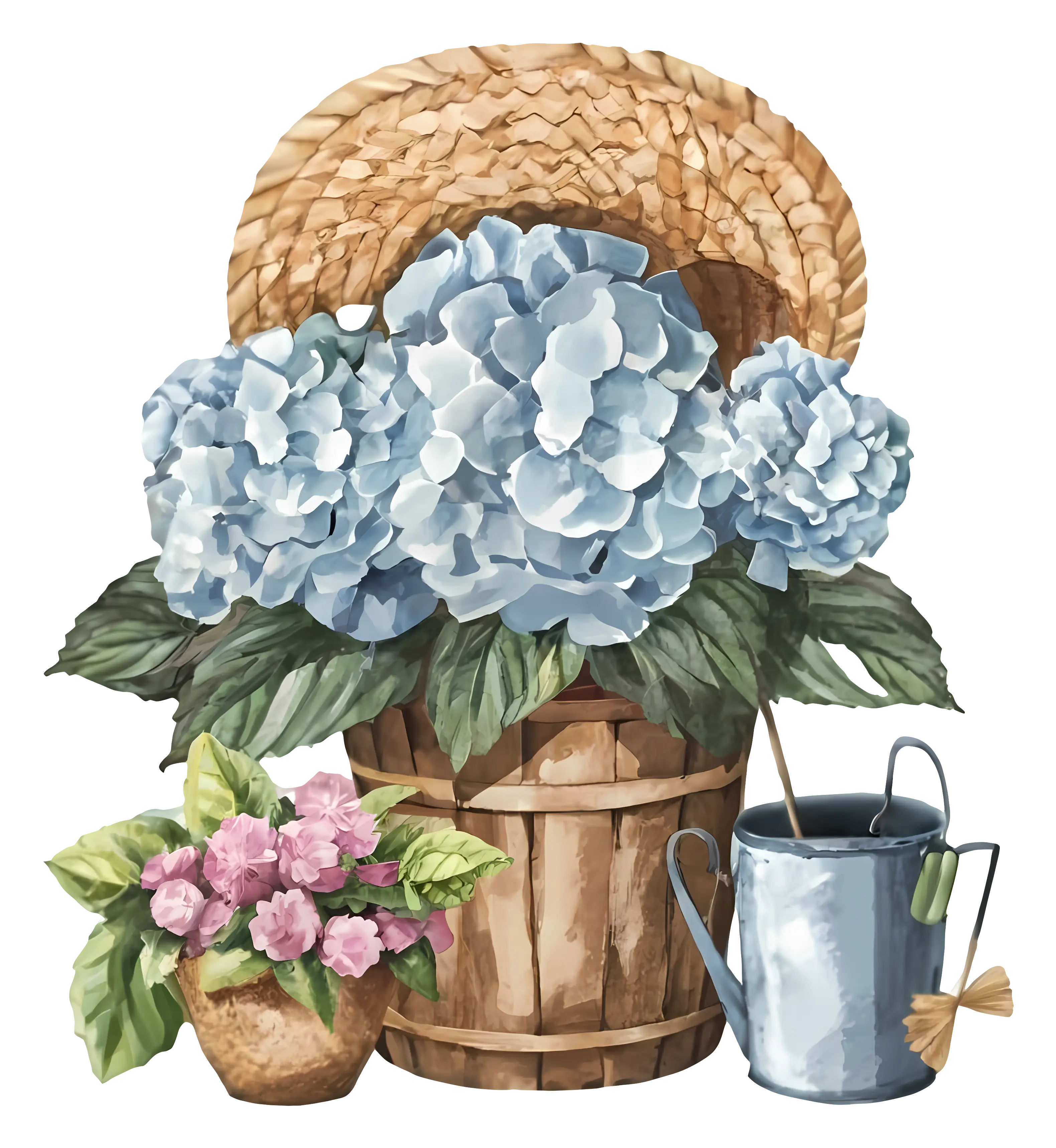 Basket with Hydrangeas and Watering Can
