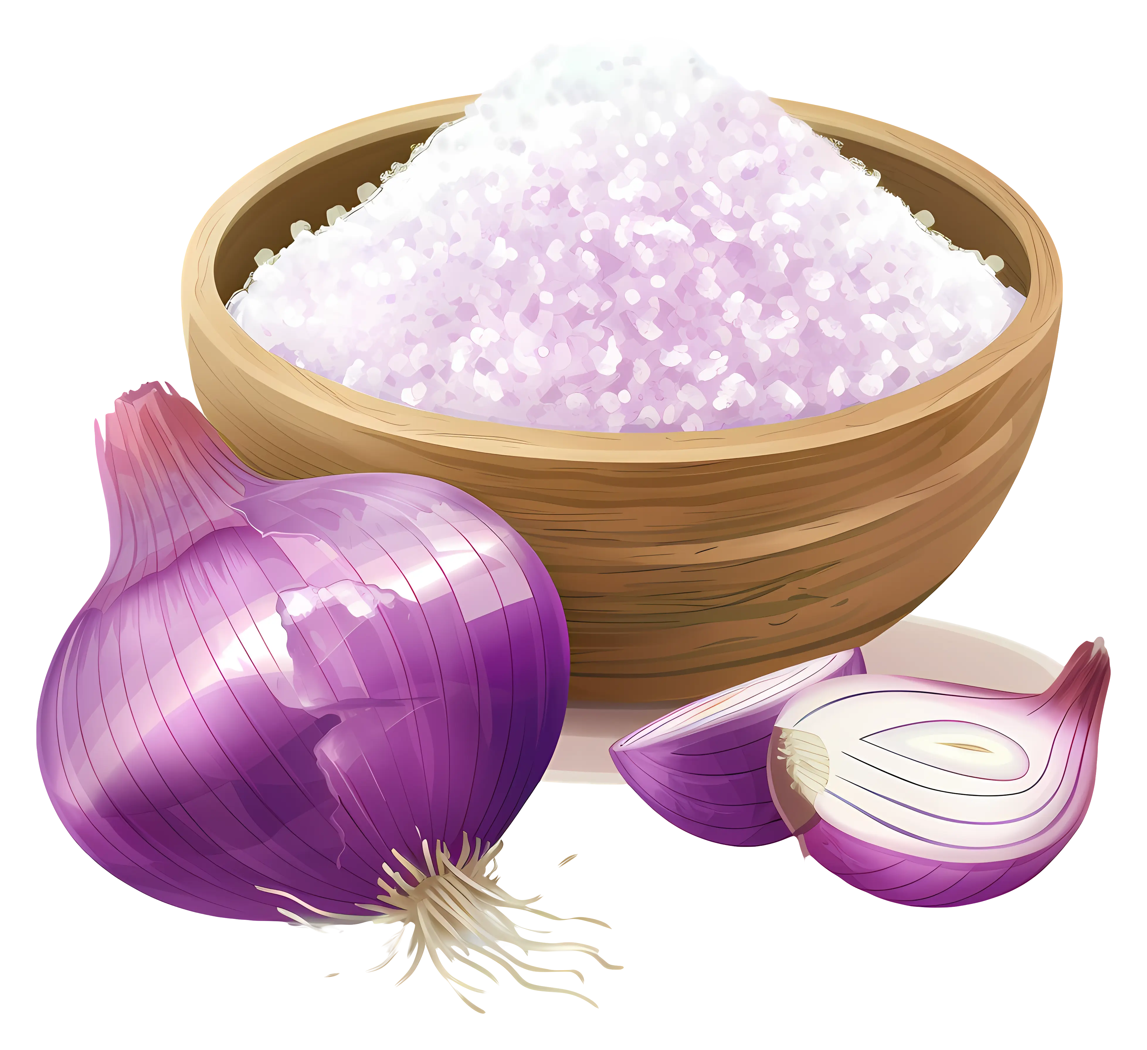 Purple Onion and Salt in Wooden Bowl