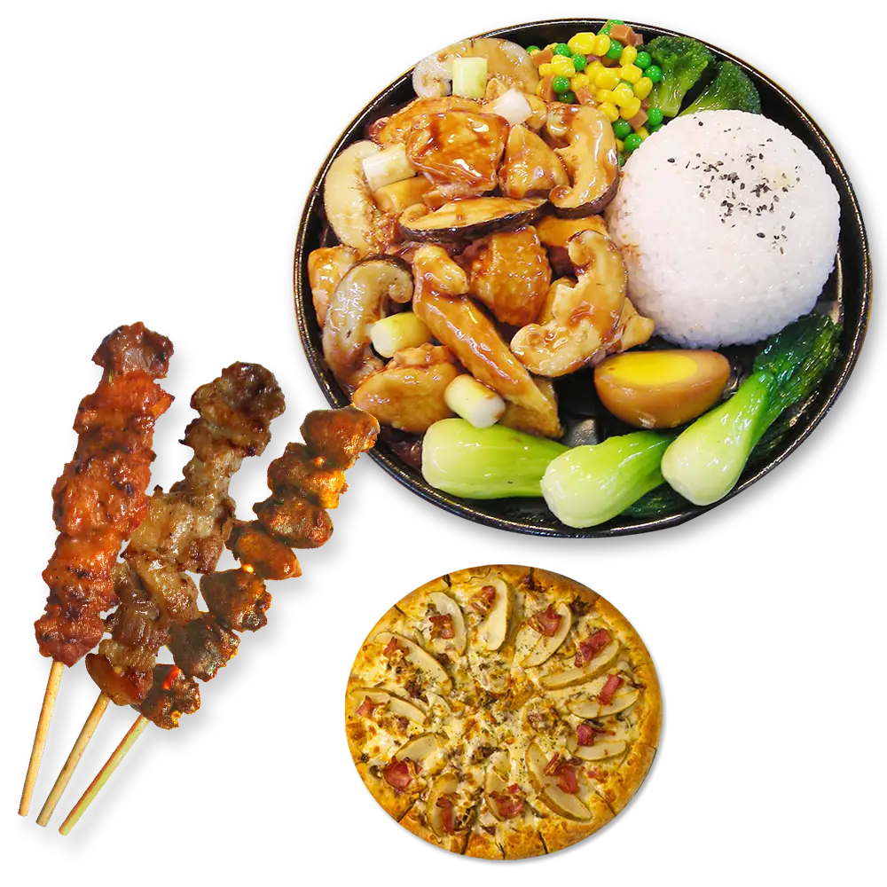 Delicious Food Platter with Skewers and Pizza