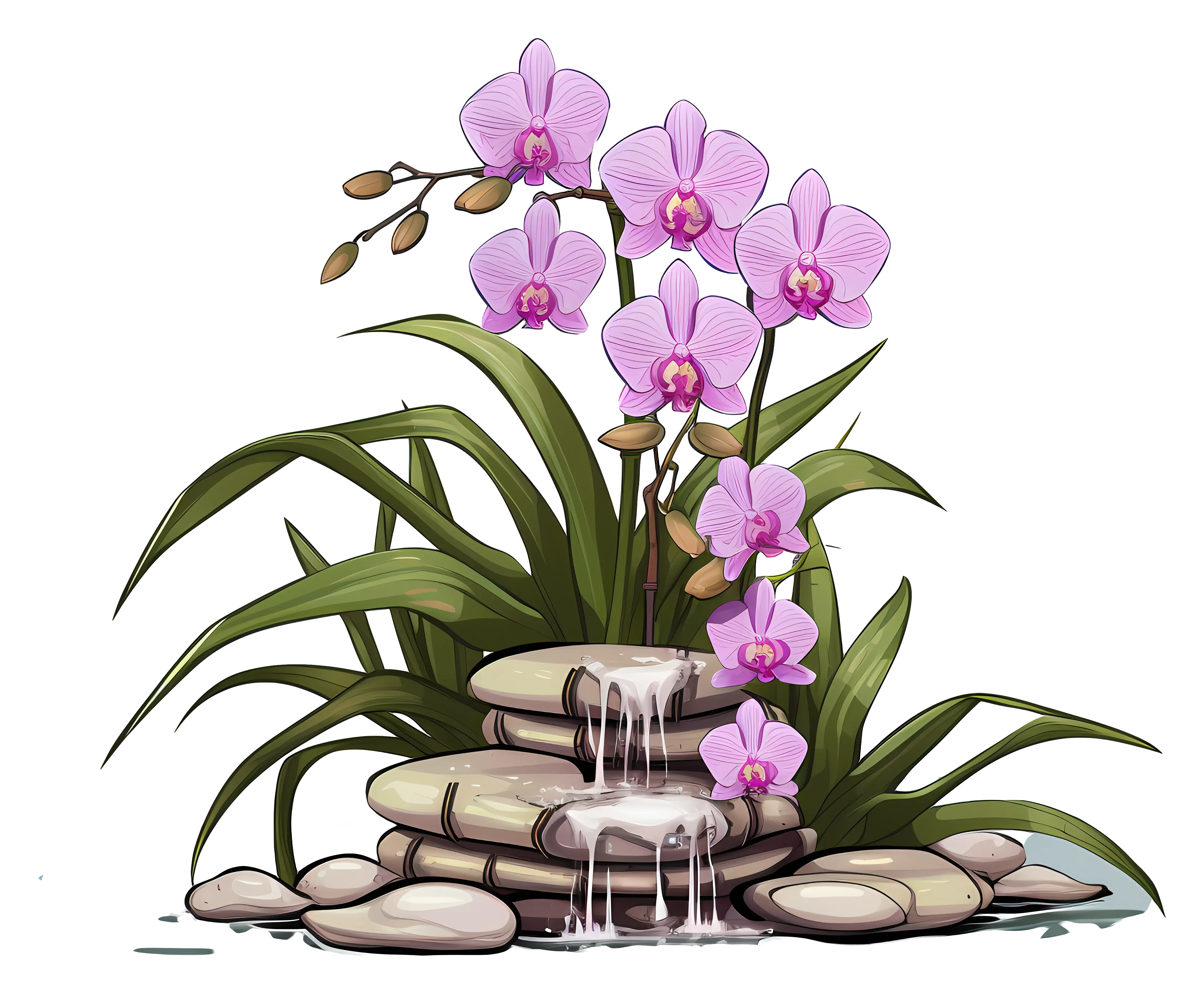 Illustration of Orchids with Stones and Water
