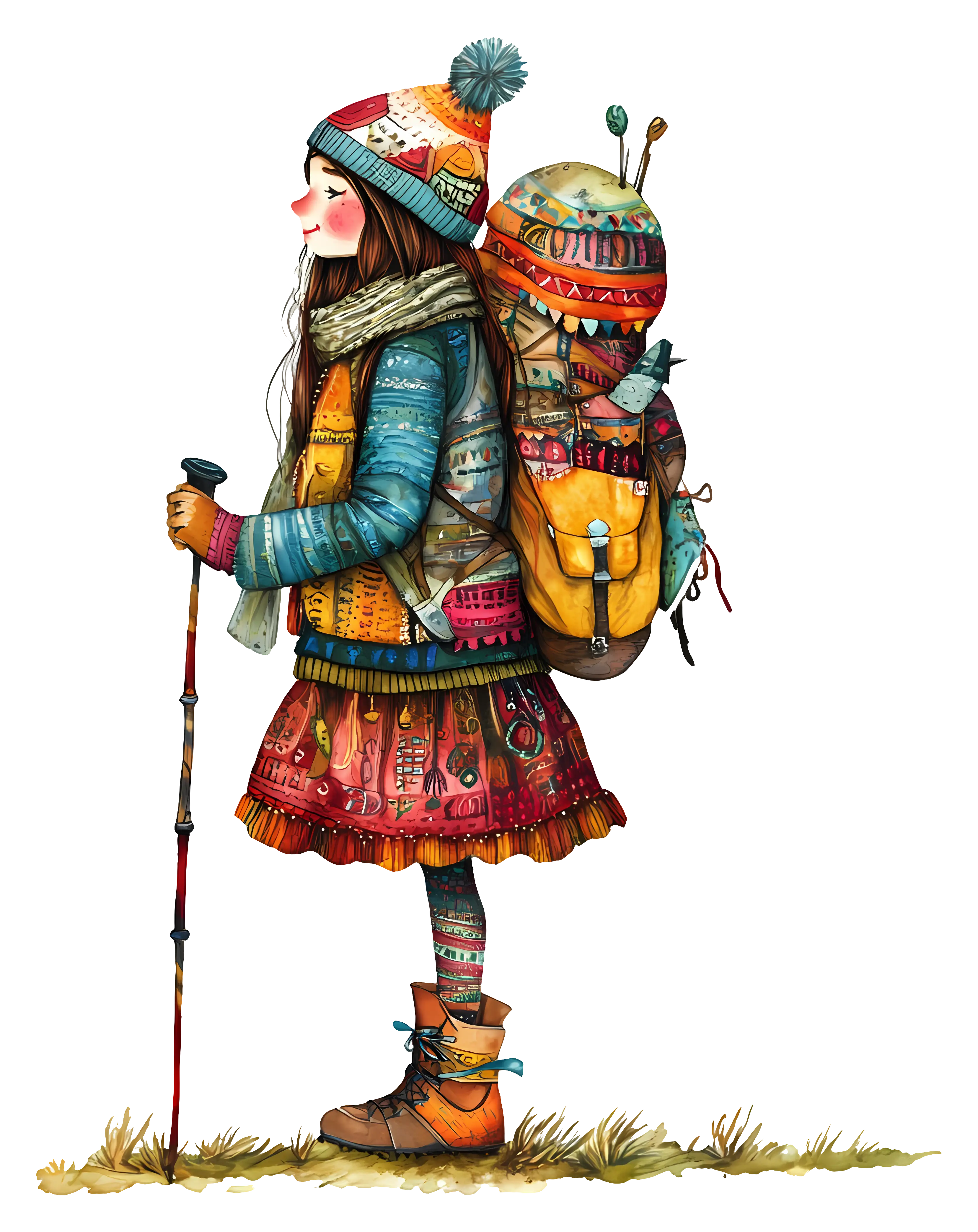 Colorful Hiking Girl with Backpack