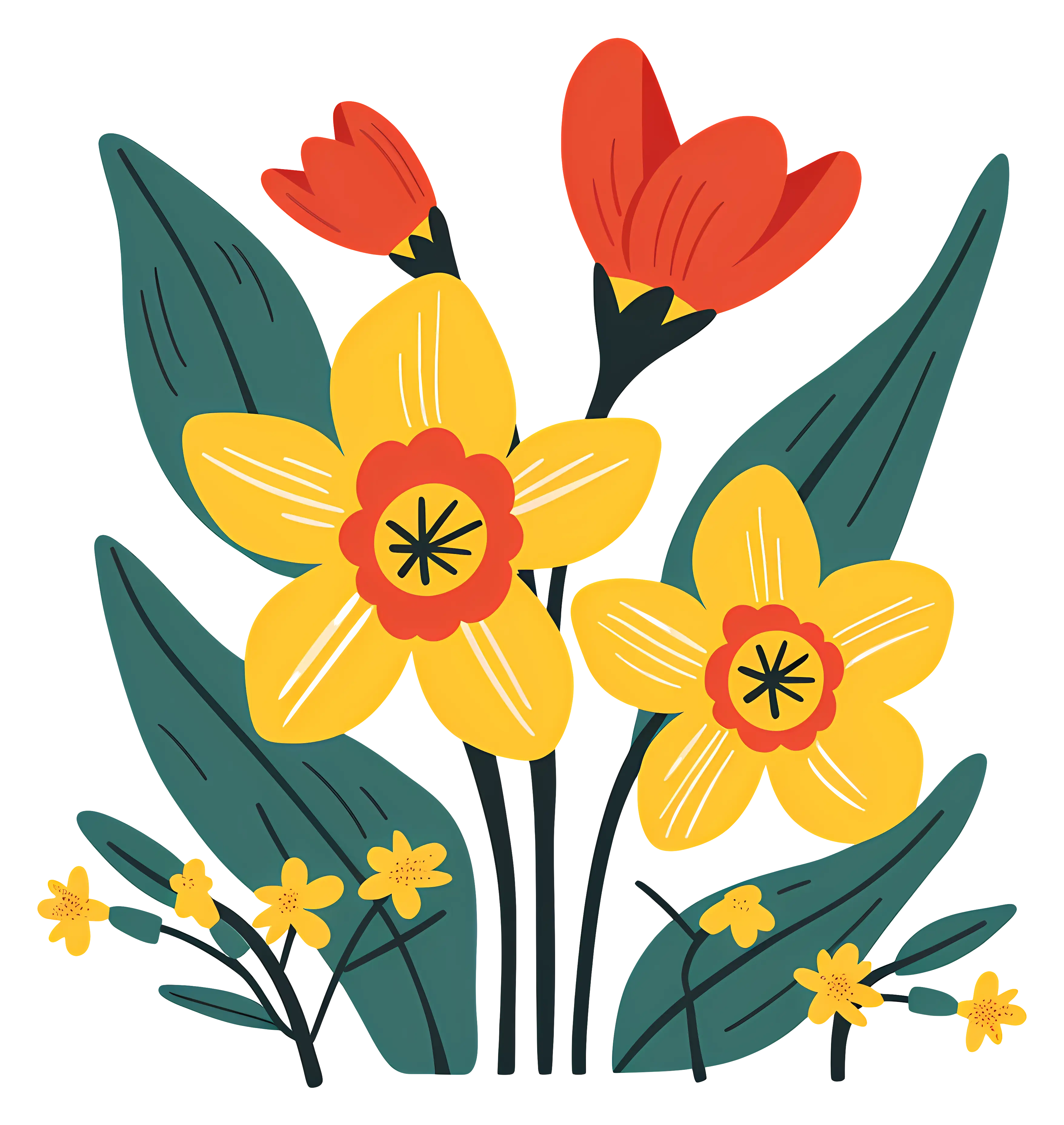 Colorful Cartoon Daffodils and Flowers