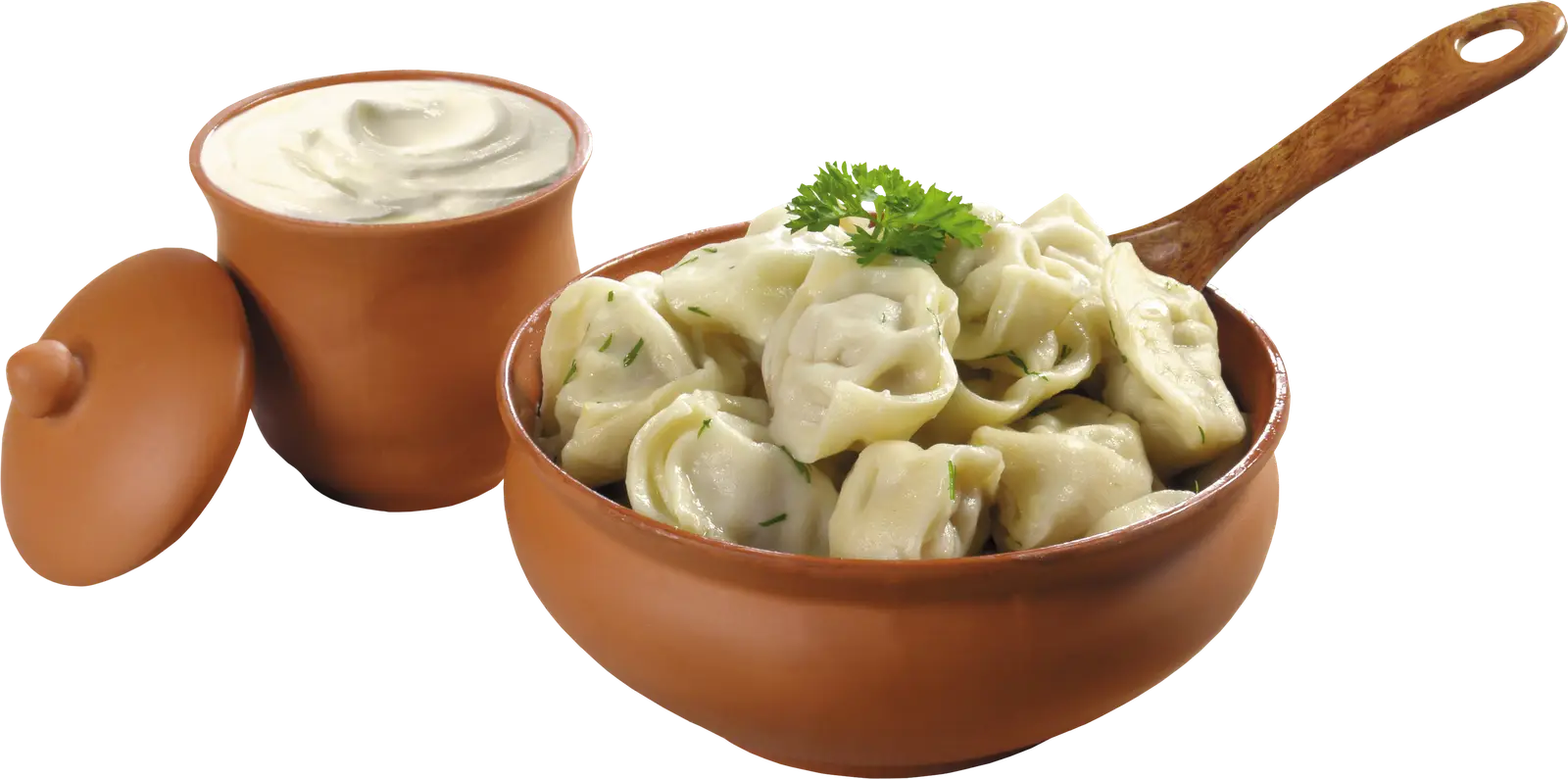 Dumplings Served with Sour Cream in Ceramic Bowl