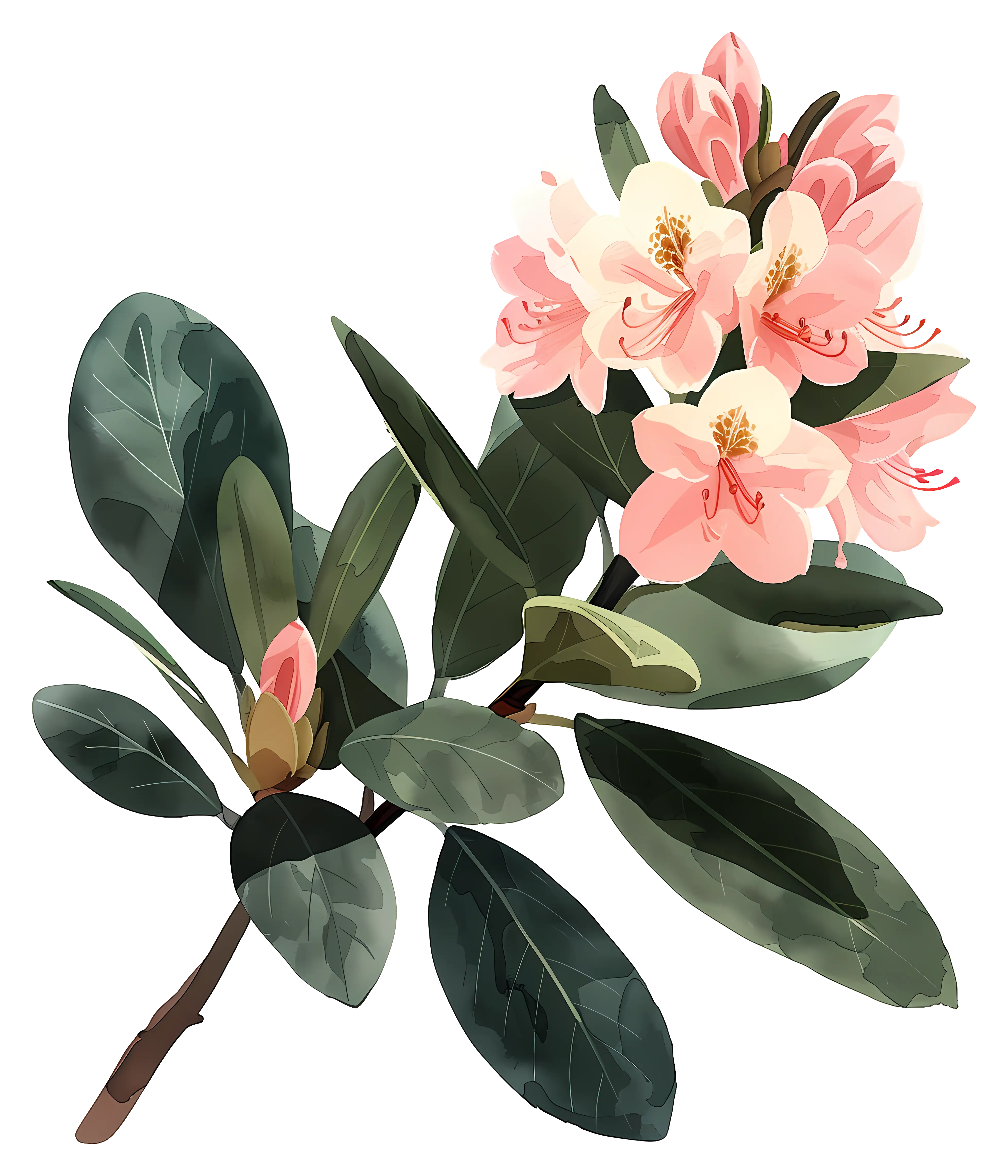 Illustrated Rhododendron Flowers with Leaves