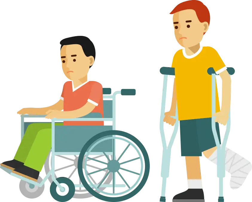 Illustration of Boys Using Crutches and Wheelchair