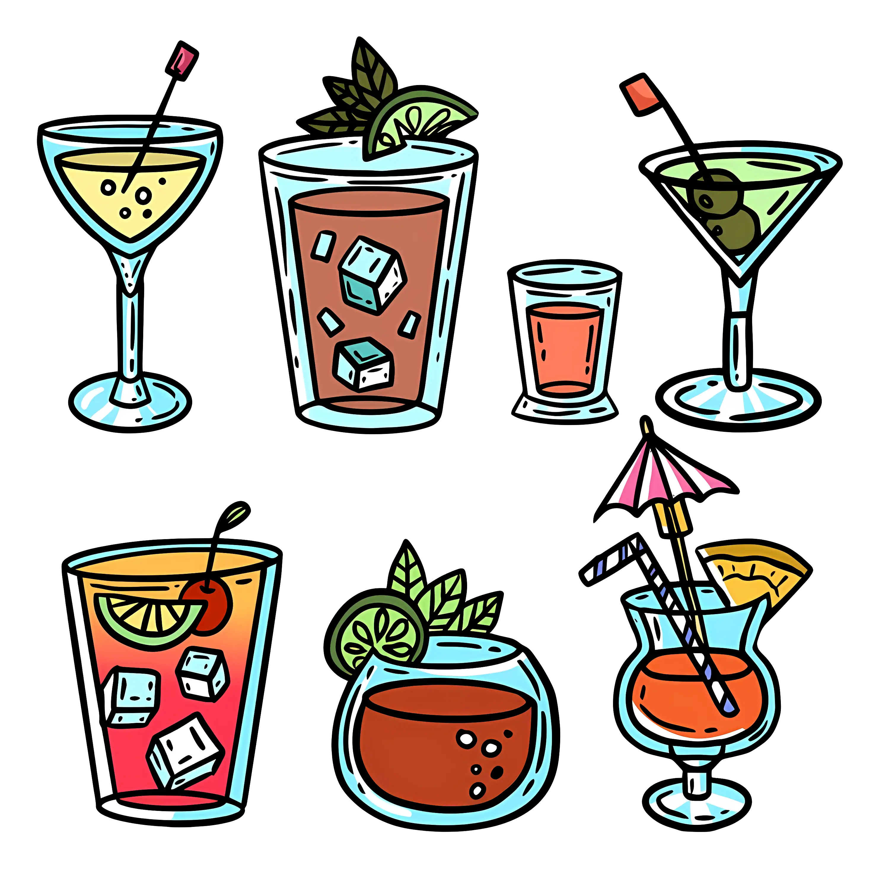 Colorful Cocktails in Various Glasses