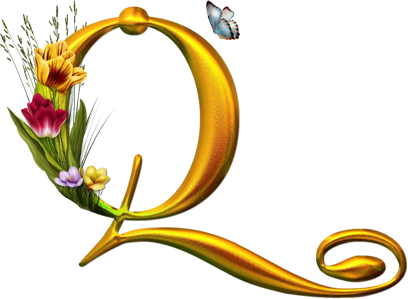 Decorative Golden Letter Q with Flowers