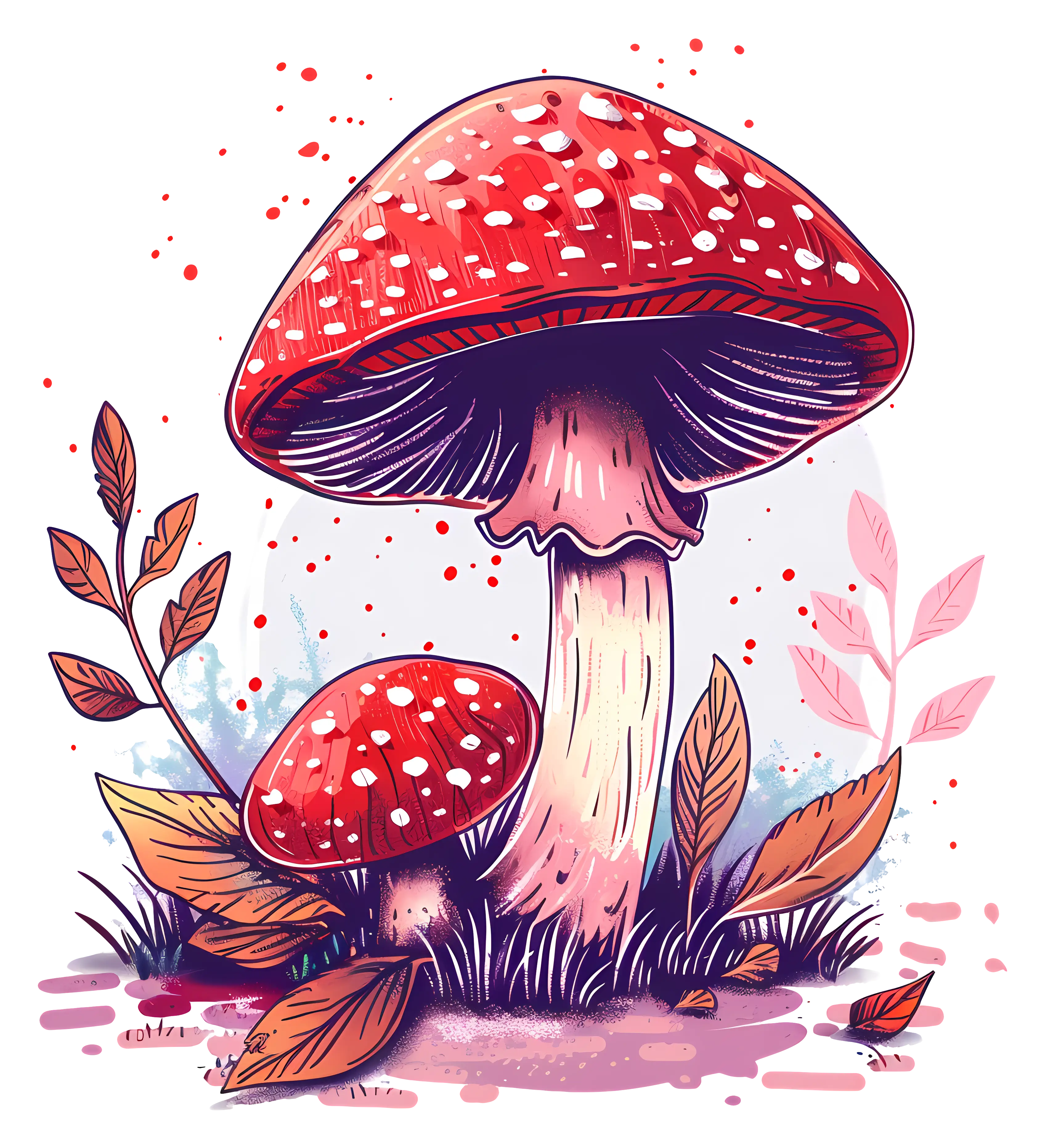 Illustrated Red Mushrooms in Whimsical Style