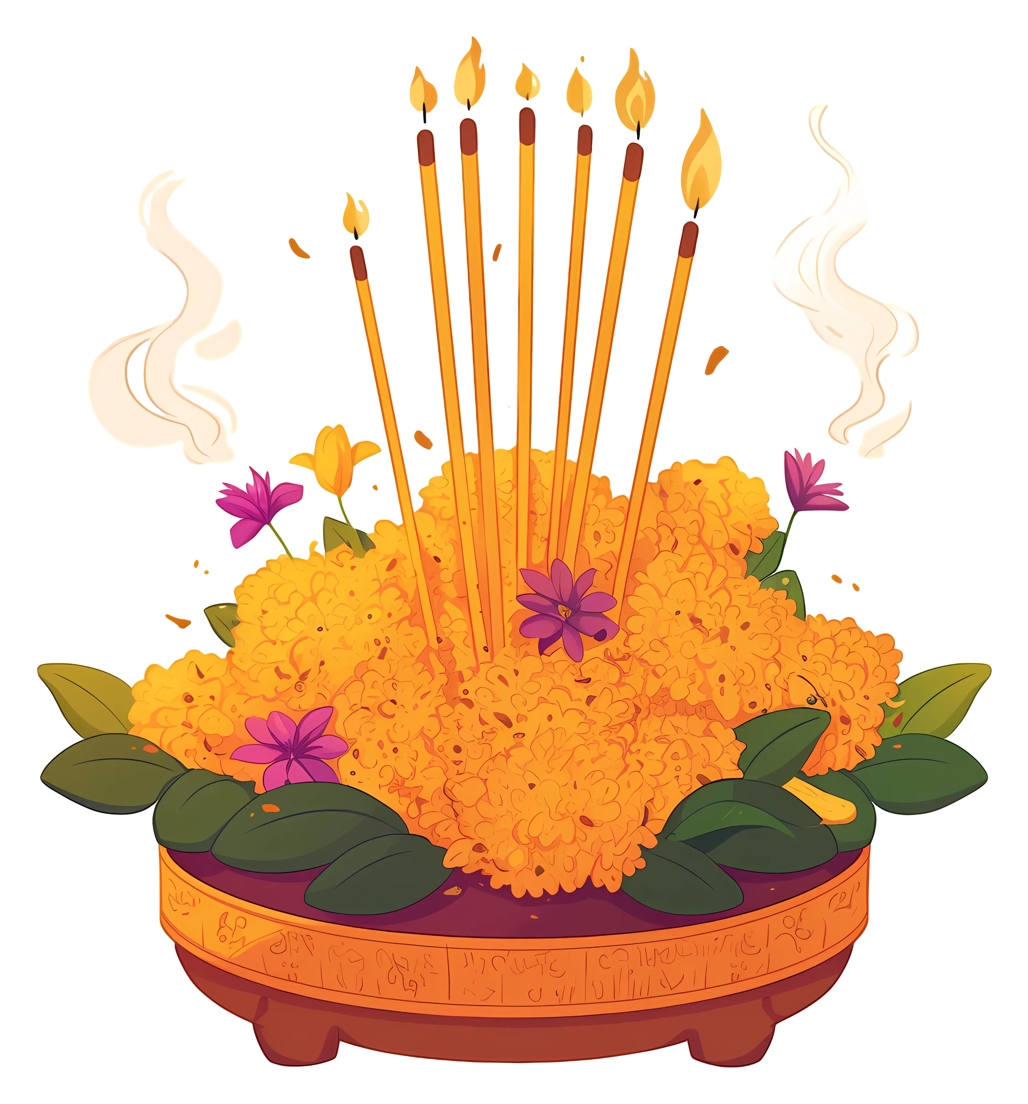 Incense and Marigold Flowers Arrangement