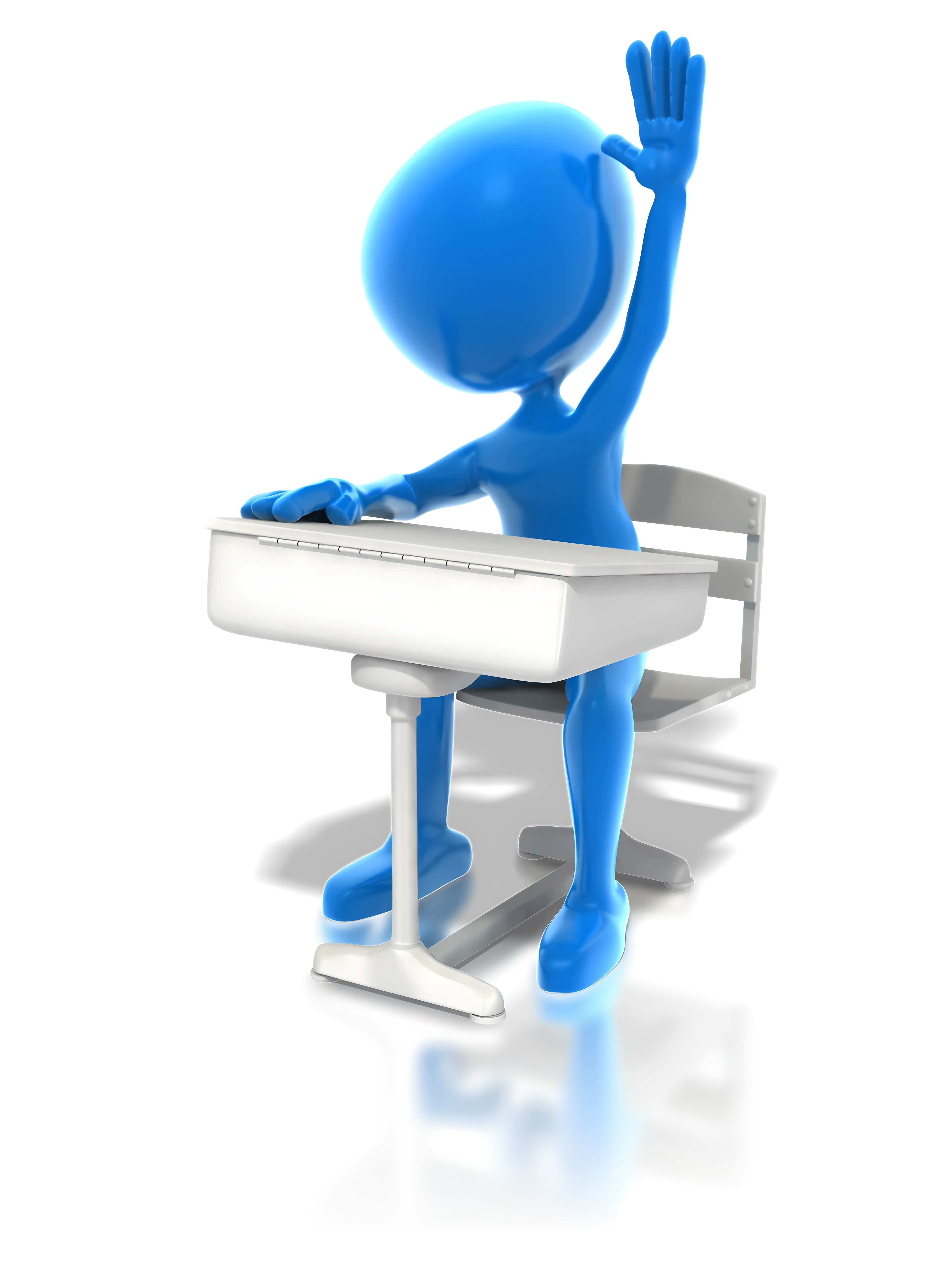 Blue Figurine Raising Hand at Desk for Classroom Scene