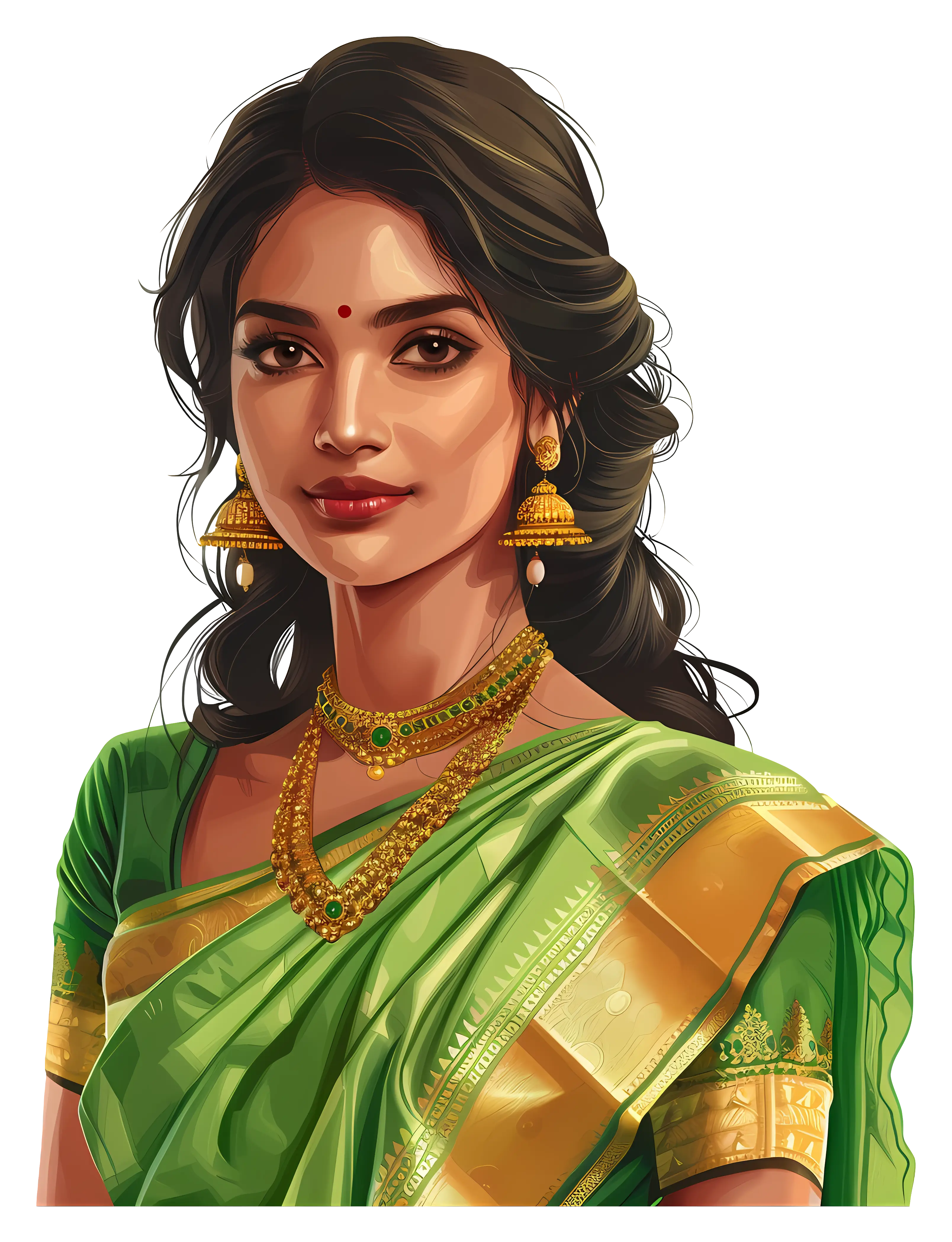 Illustration of Woman in Green Saree with Golden Jewelry