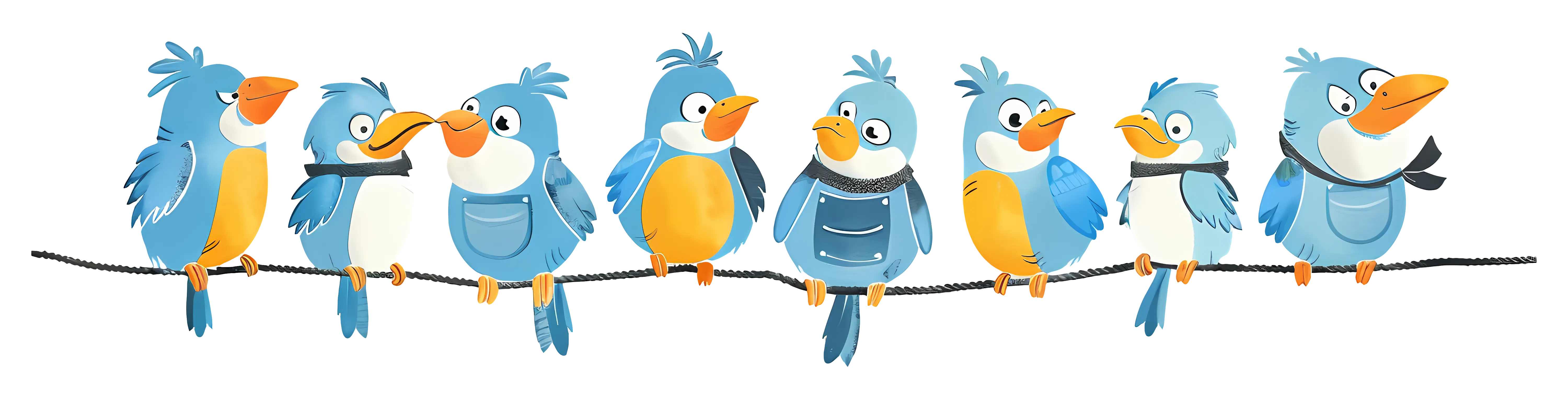 Row of Blue Cartoon Birds on a Wire