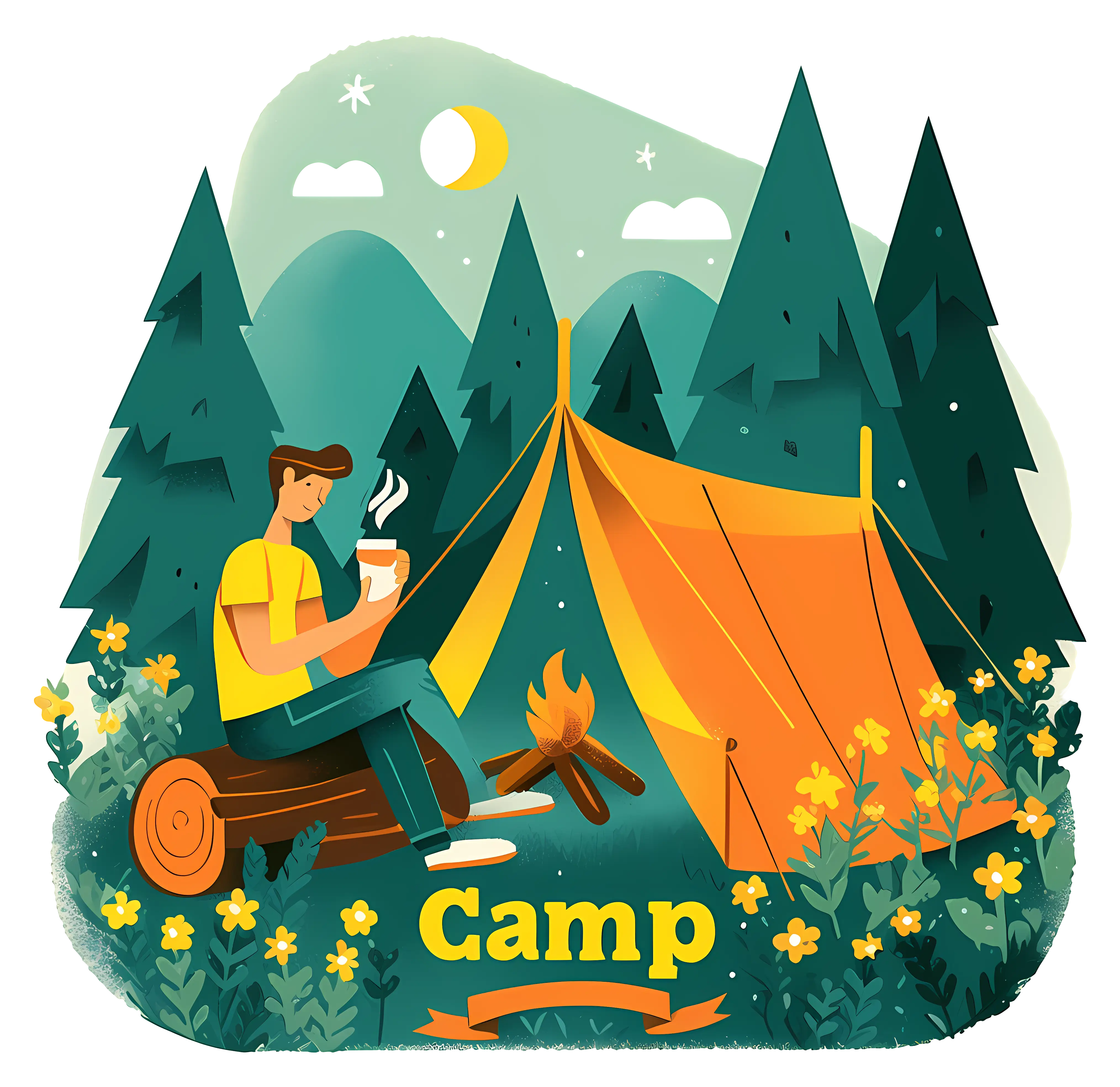Serene Camping Scene with Tent and Campfire