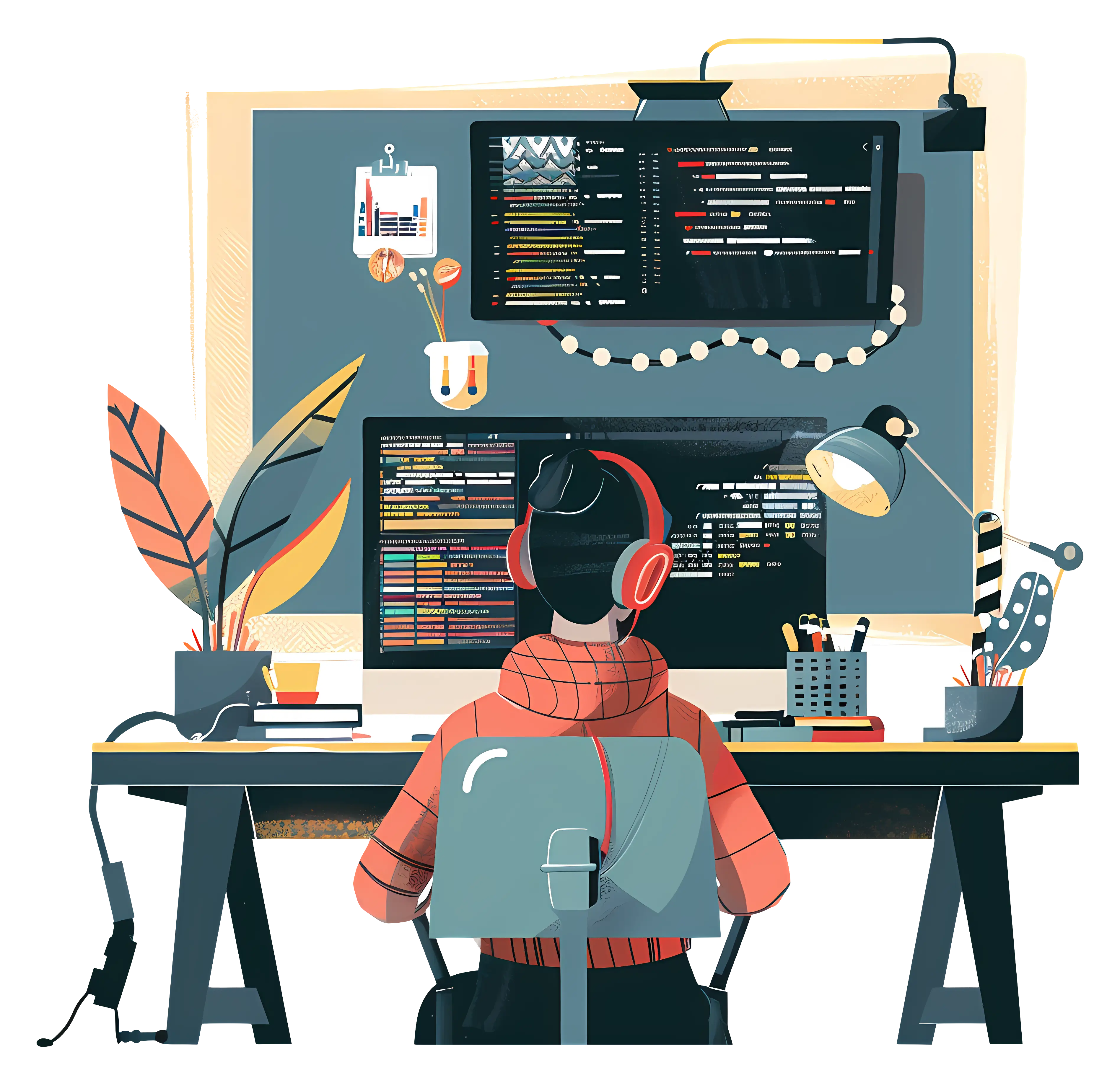 Coder at Desk with Multiple Monitors