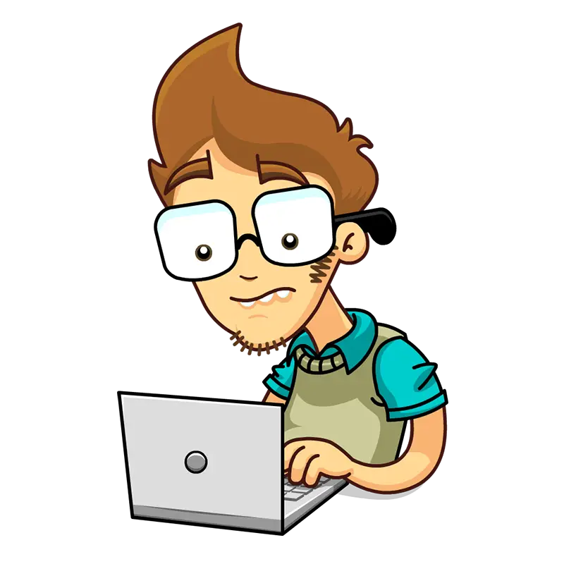 Cartoon Nerd Working on Laptop