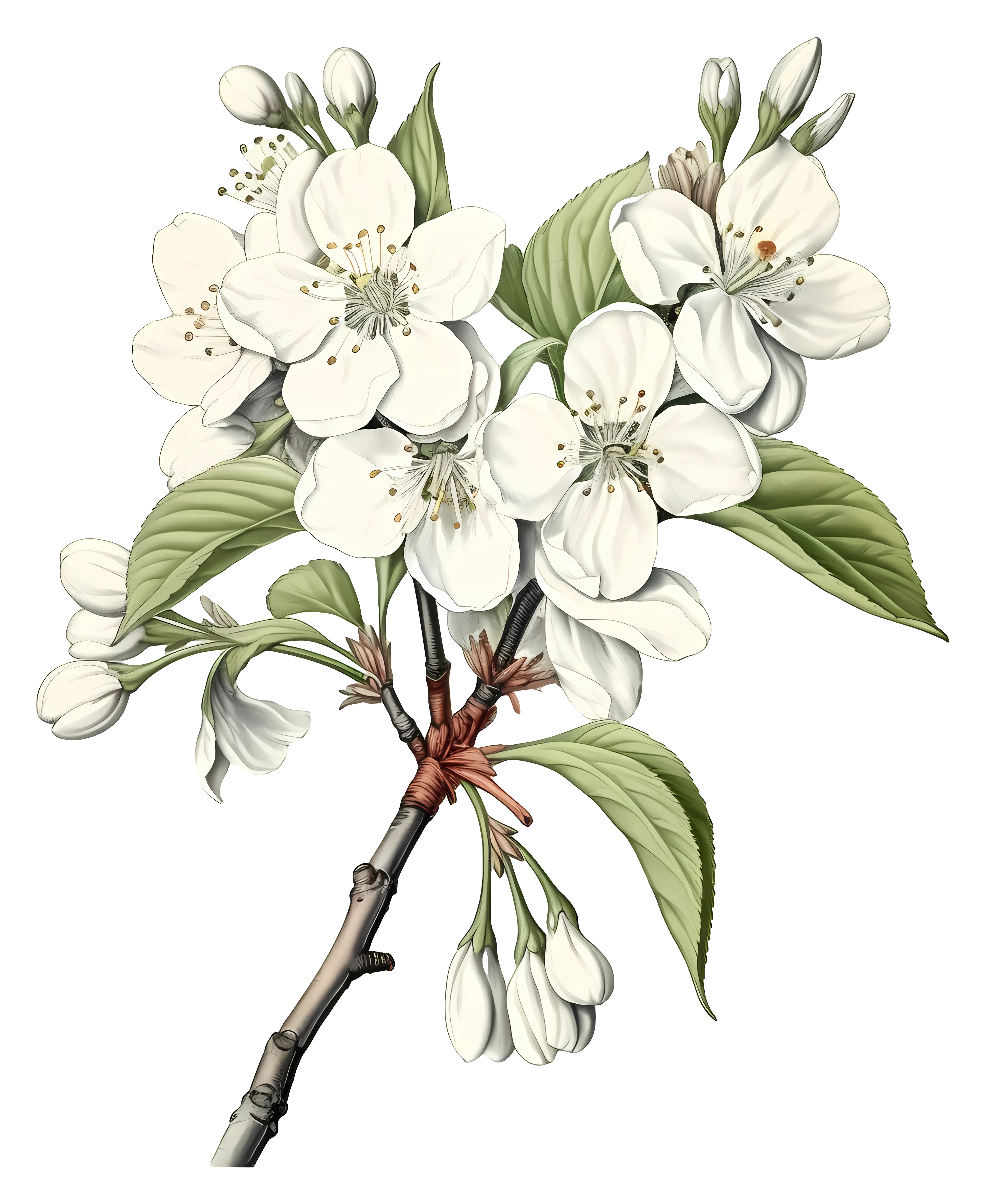 Illustration of Flowering Branch with White Blossoms