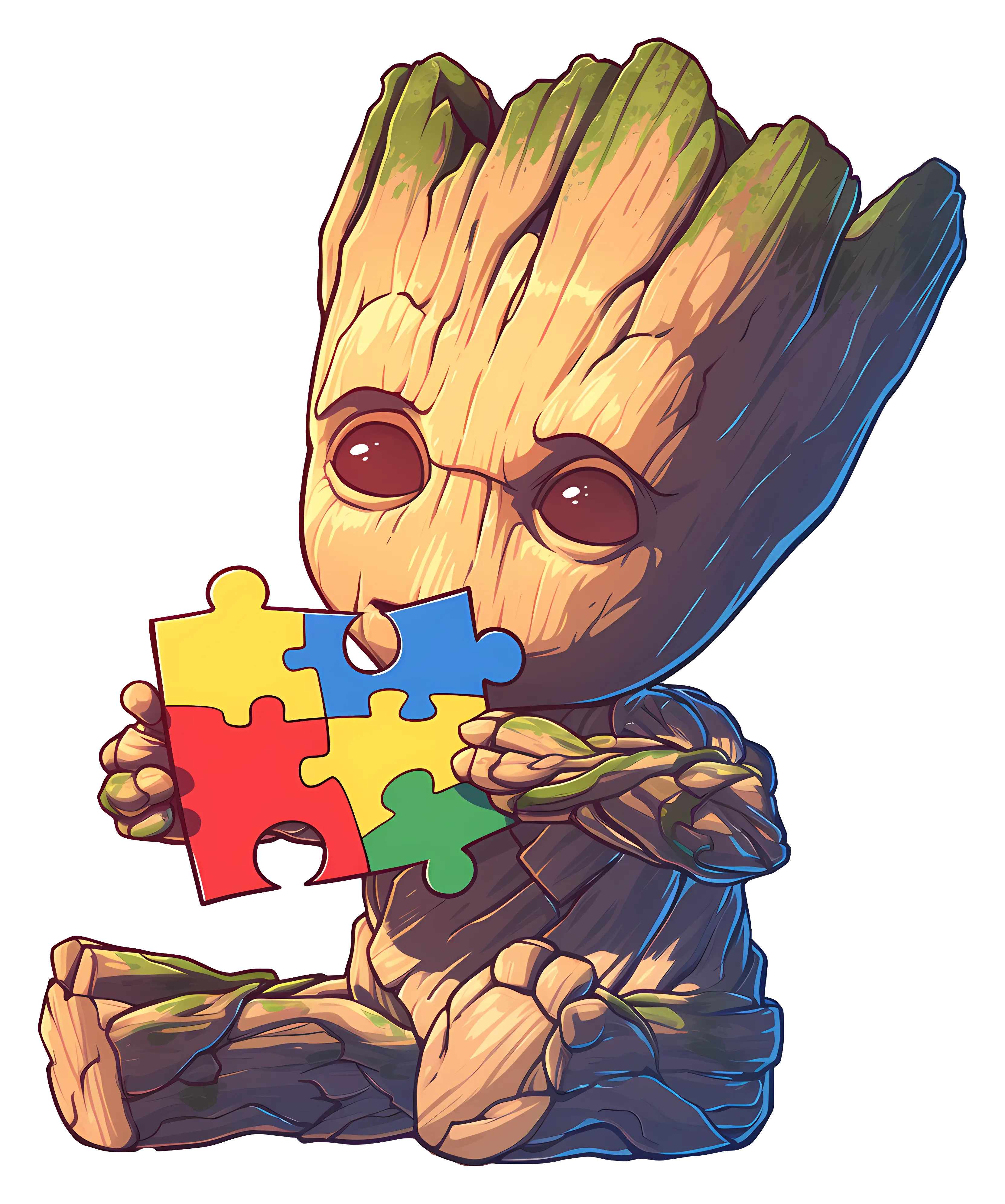 Tree-Like Cartoon Character with Puzzle