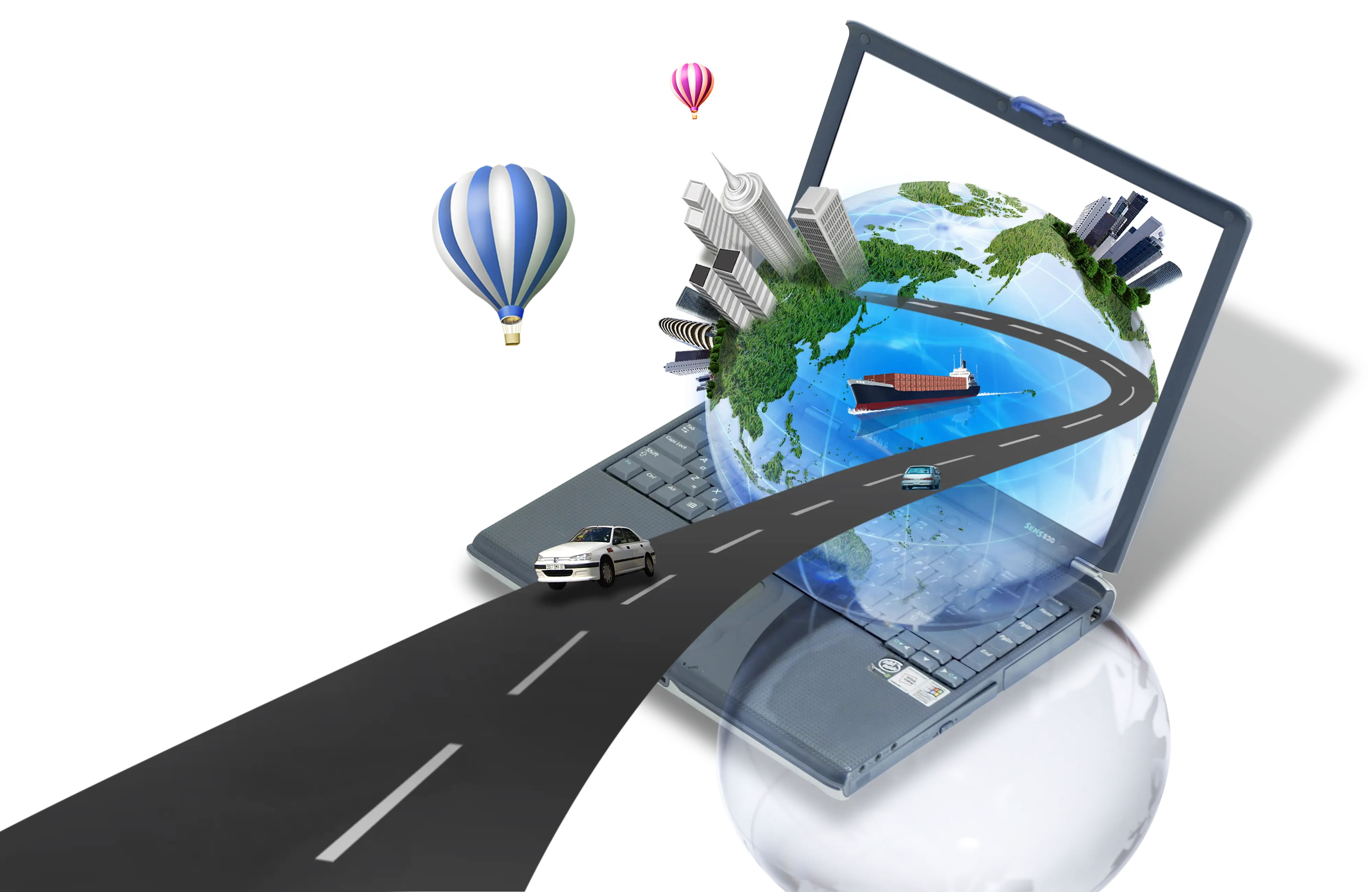 Global Travel Concept with Laptop in Flat Cartoon Style