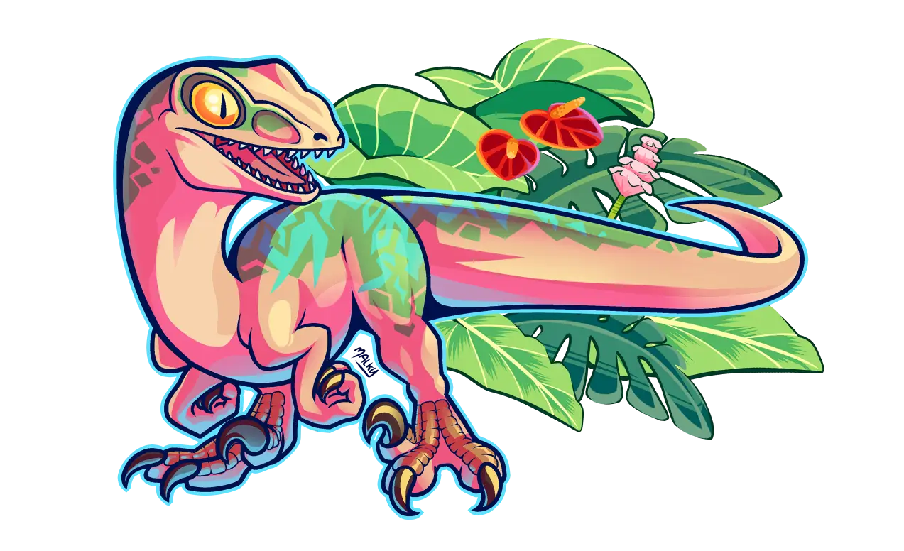 Colorful Cartoon Dinosaur with Jungle Leaves