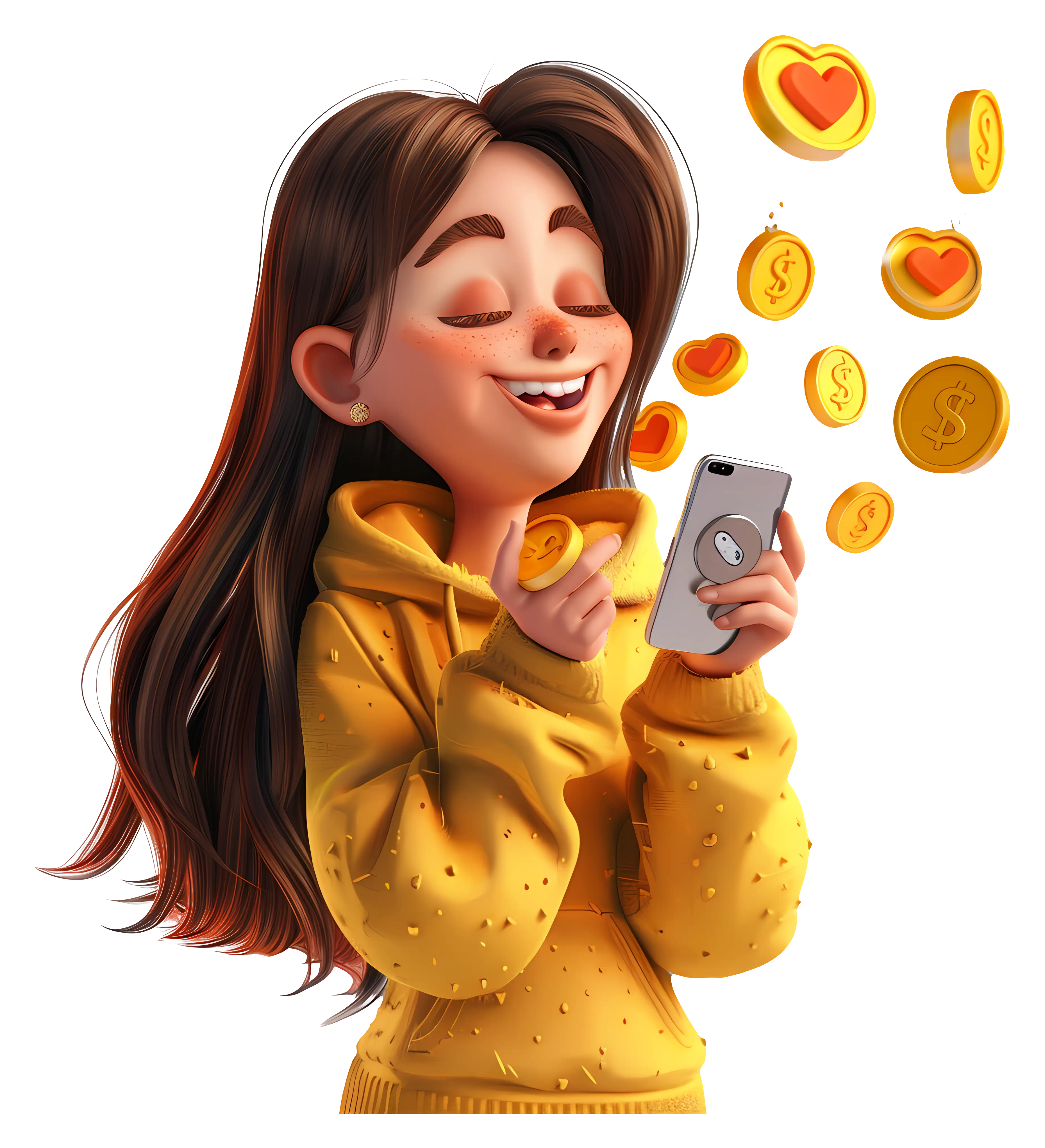 Smiling Animated Girl with Phone and Coins