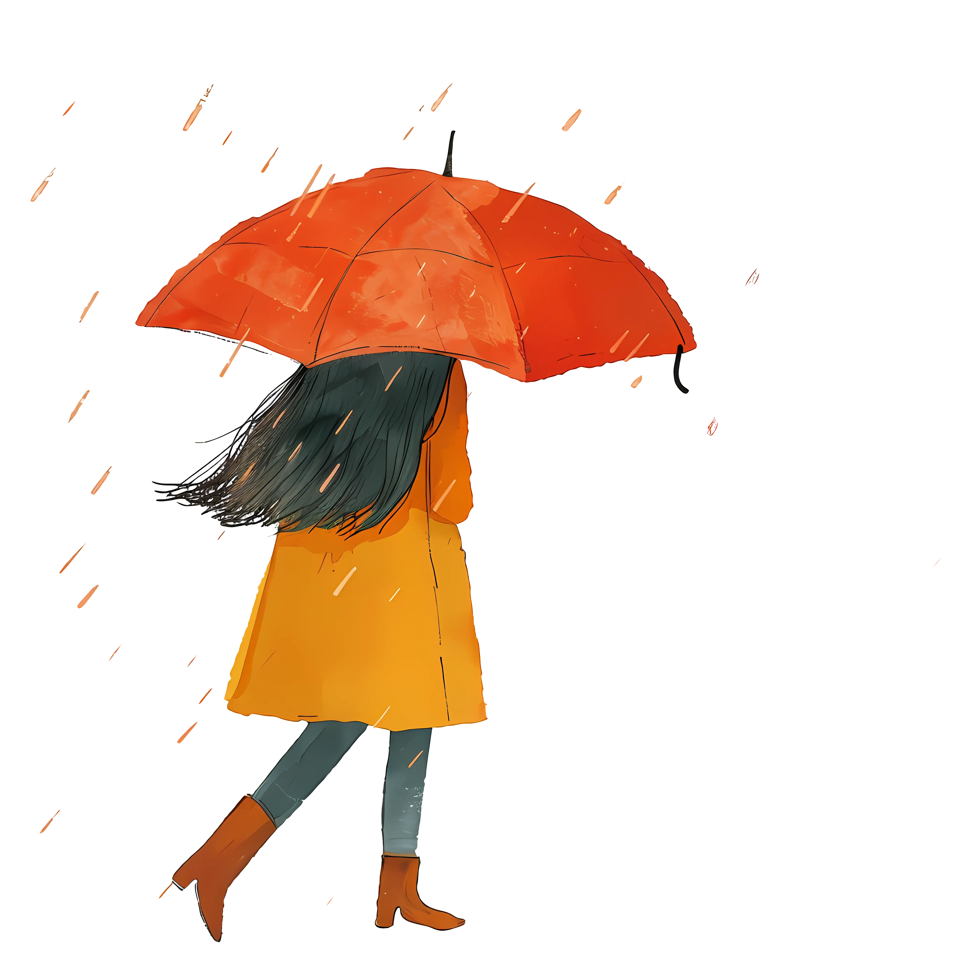 Illustration of a Woman Walking in the Rain with an Orange Umbrella