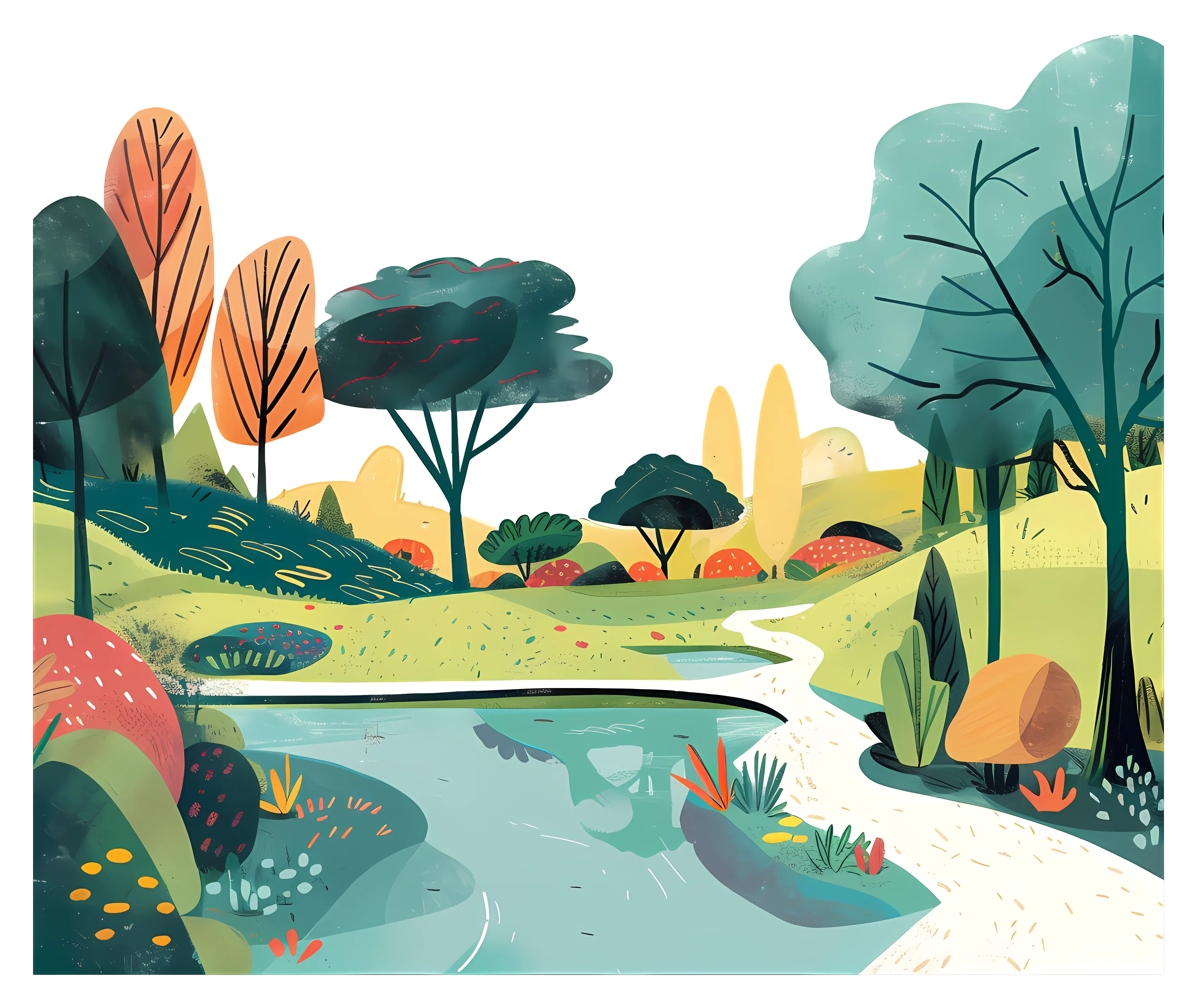 Serene Scenic Illustration with Pond and Trees