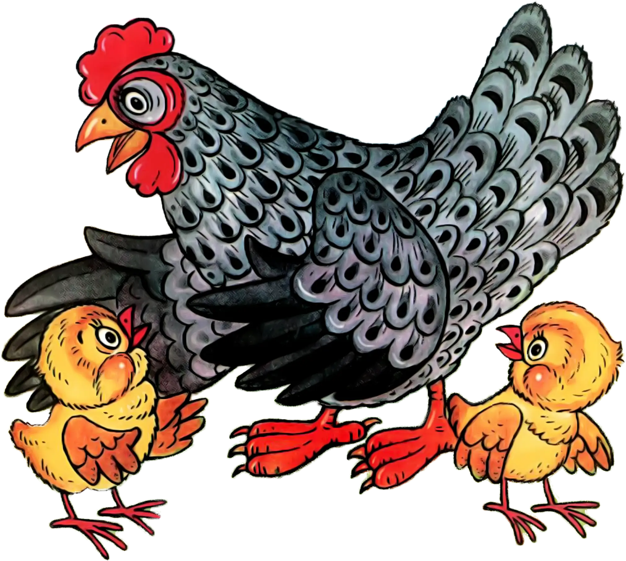 Hen with Chicks Farmyard Illustration