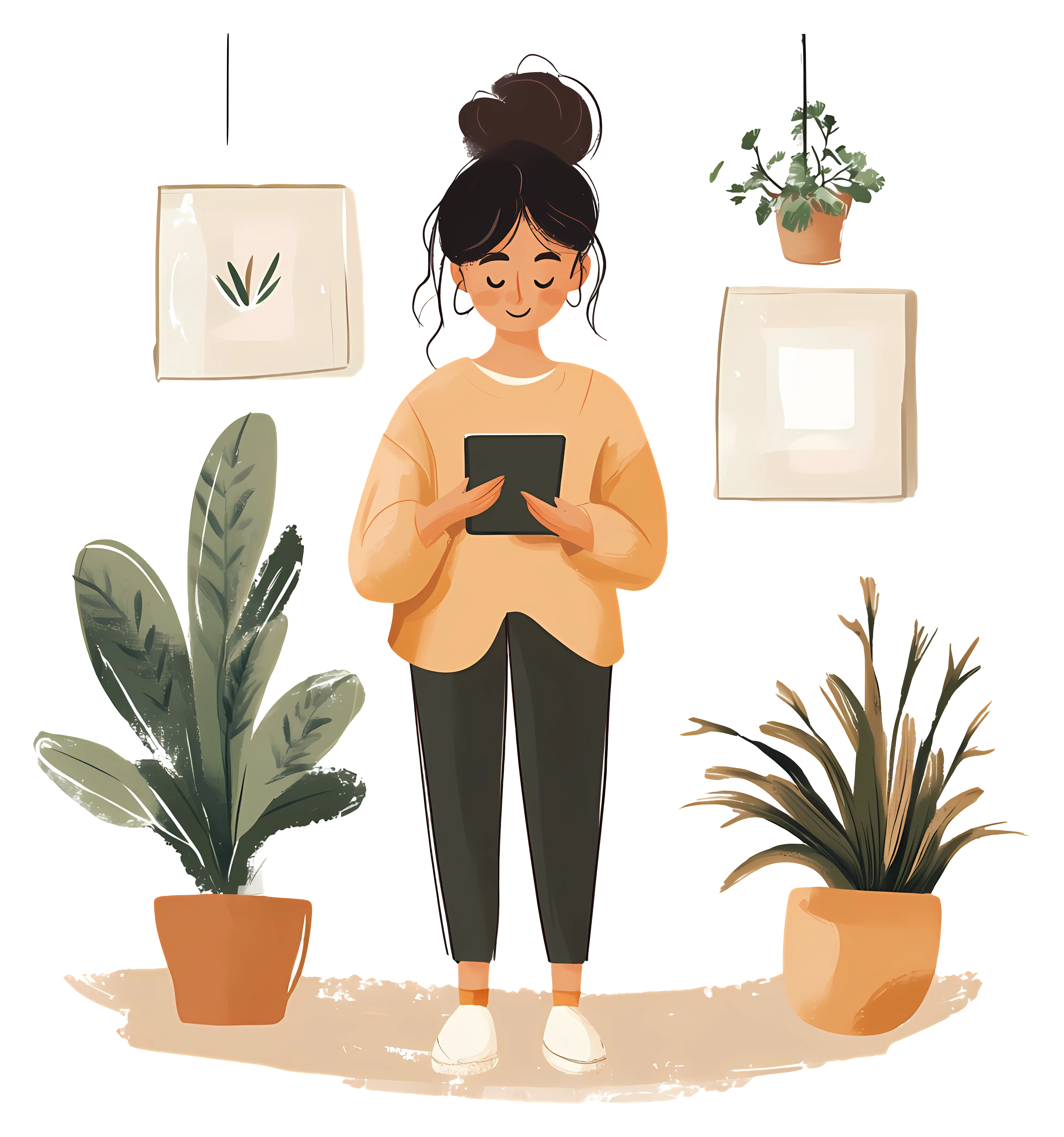 Woman Reading with Indoor Plants
