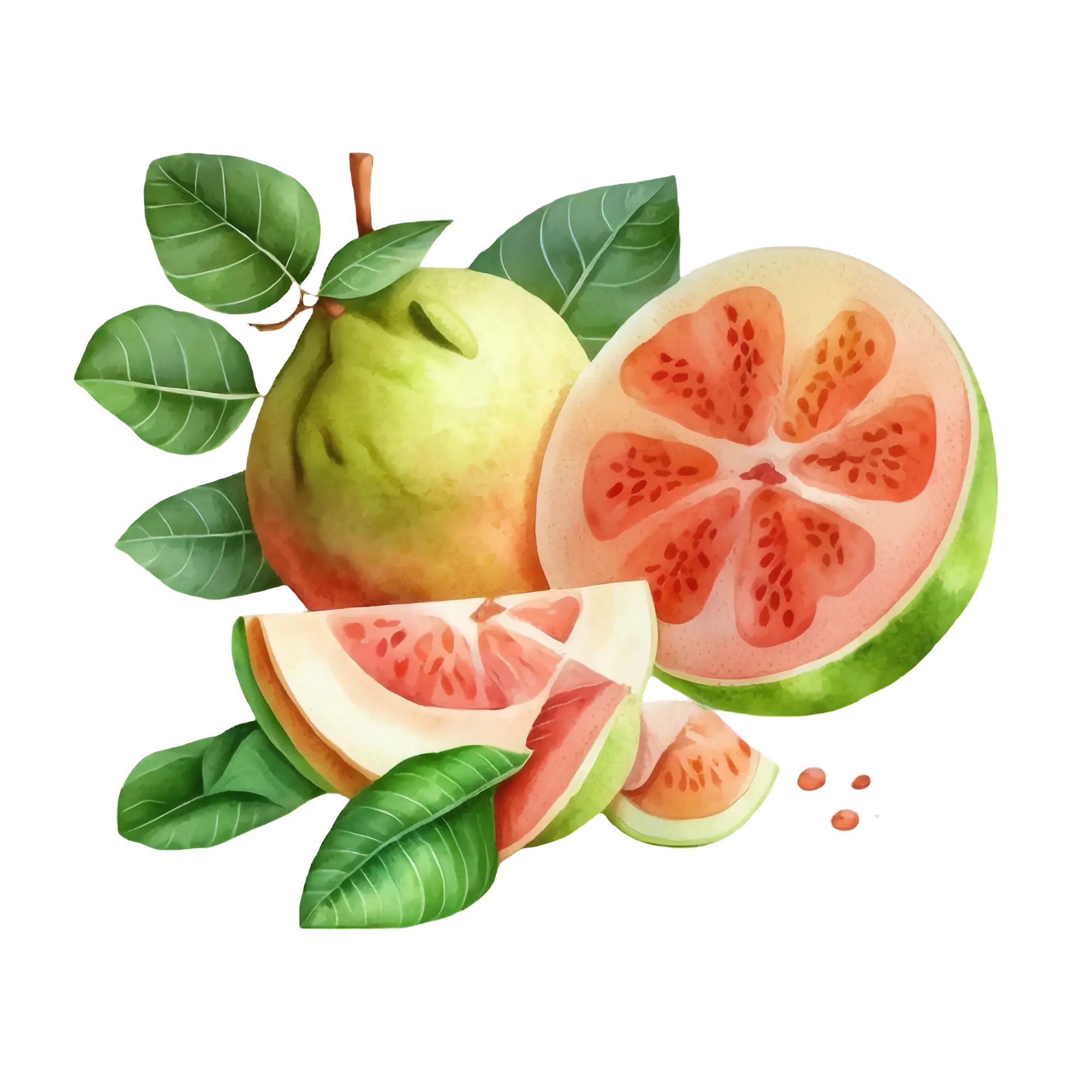 Tropical Guava Fruit with Slices and Leaves
