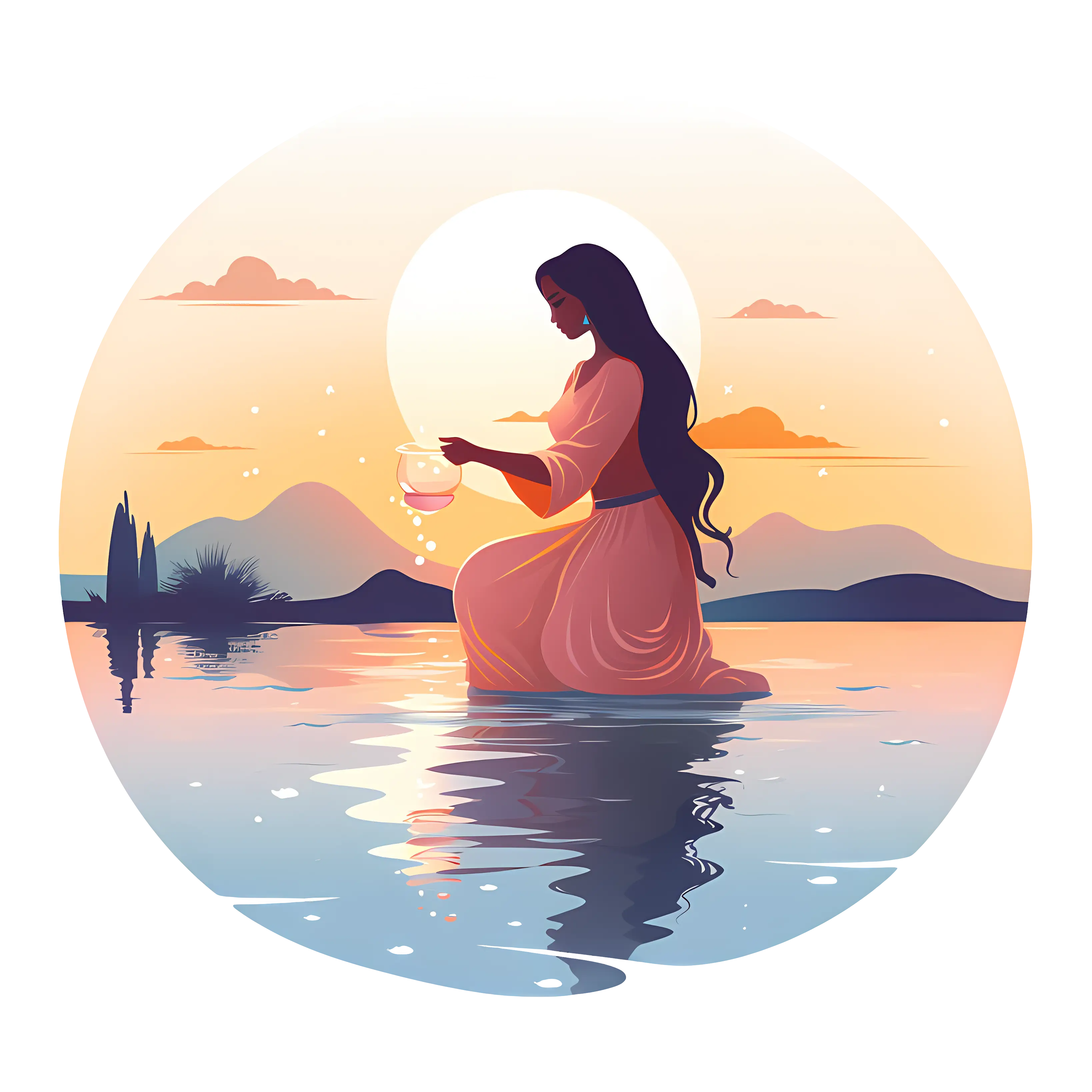 Woman Reflecting at Sunset with Water
