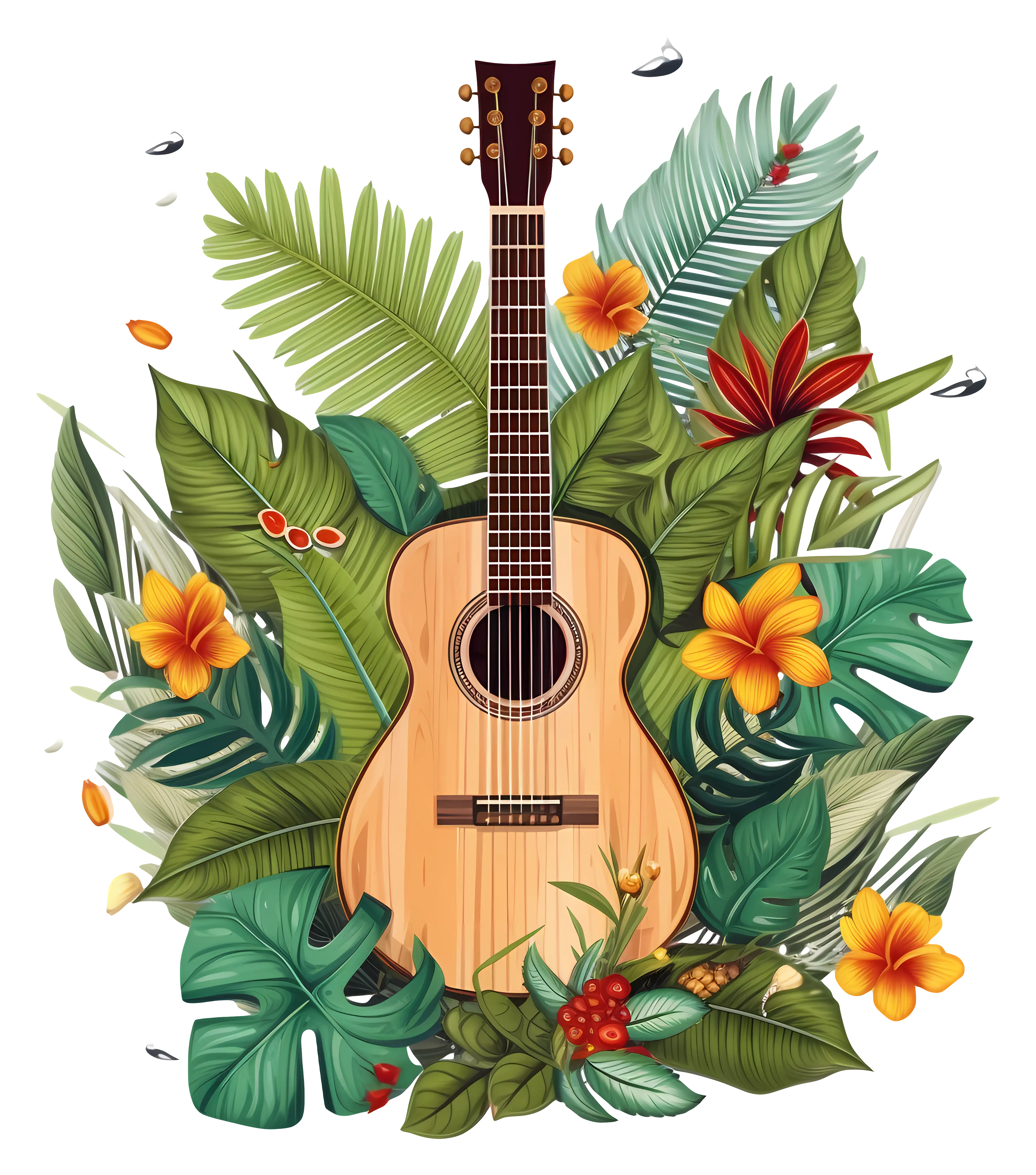 Tropical Guitar with Leaves and Flowers