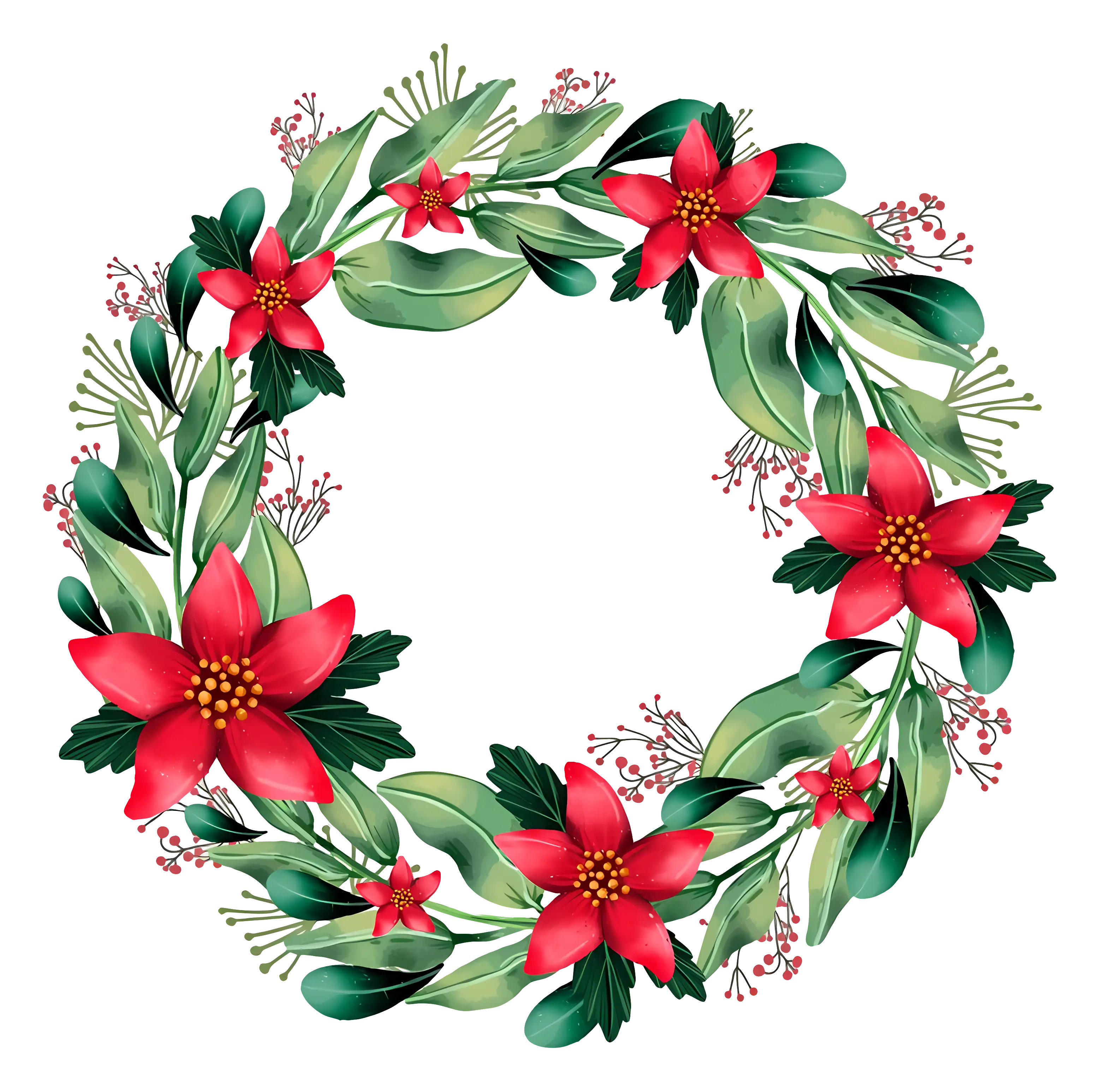 Holiday Christmas Wreath with Red Flowers