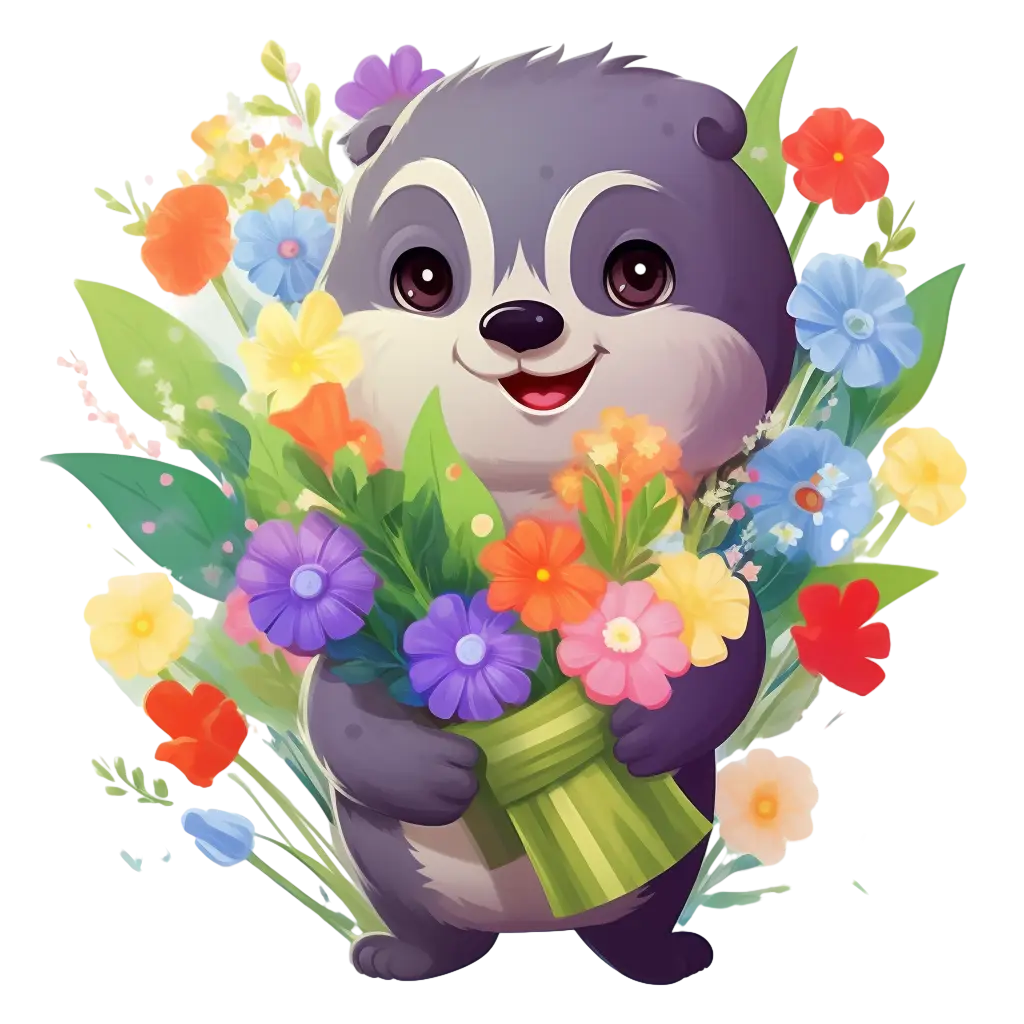 Cute Cartoon Animal Holding a Flower Bouquet