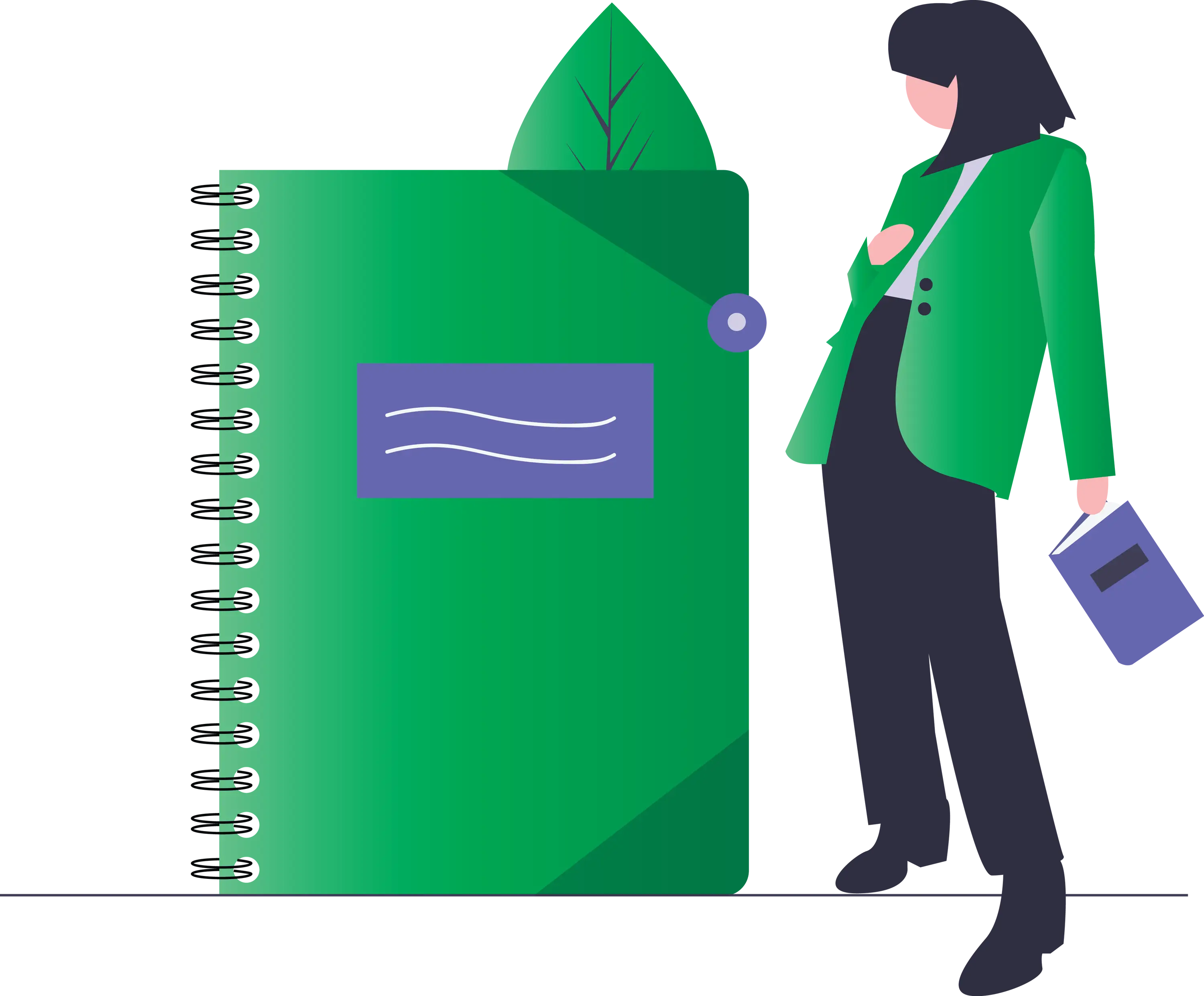 Person Standing Next to Large Green Notebook