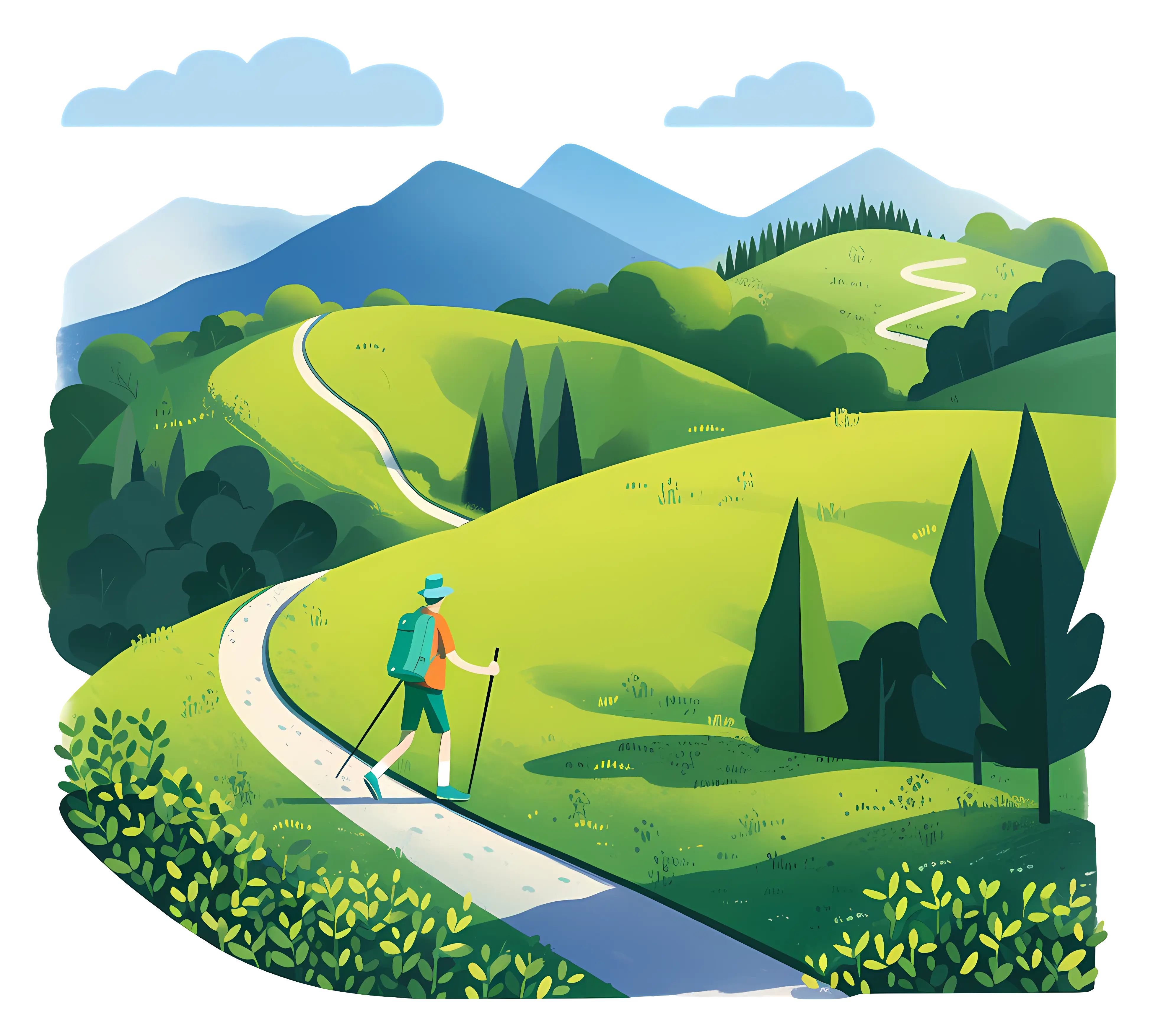Hiker Exploring Green Hills