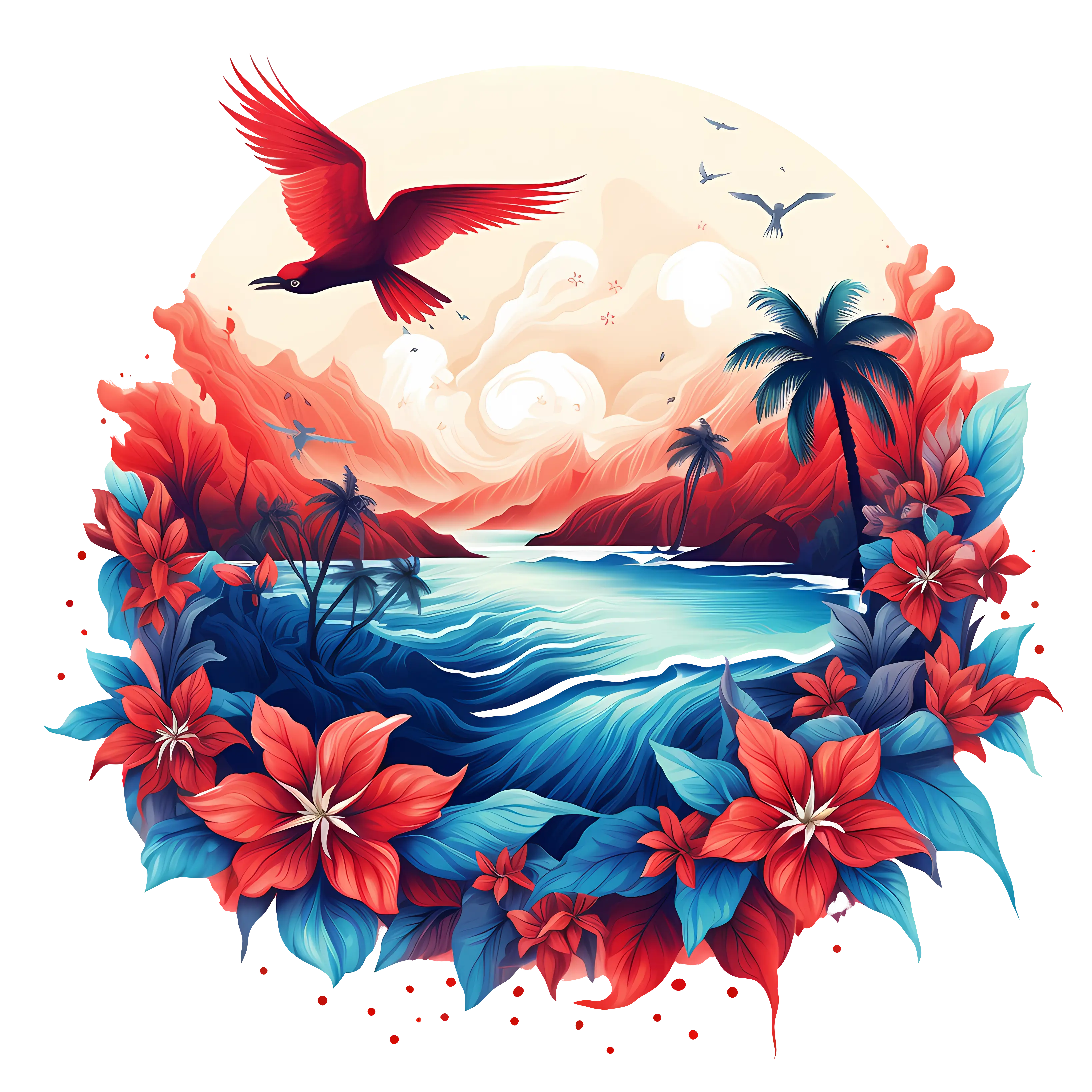 Tropical Scene with Bird and Flowers