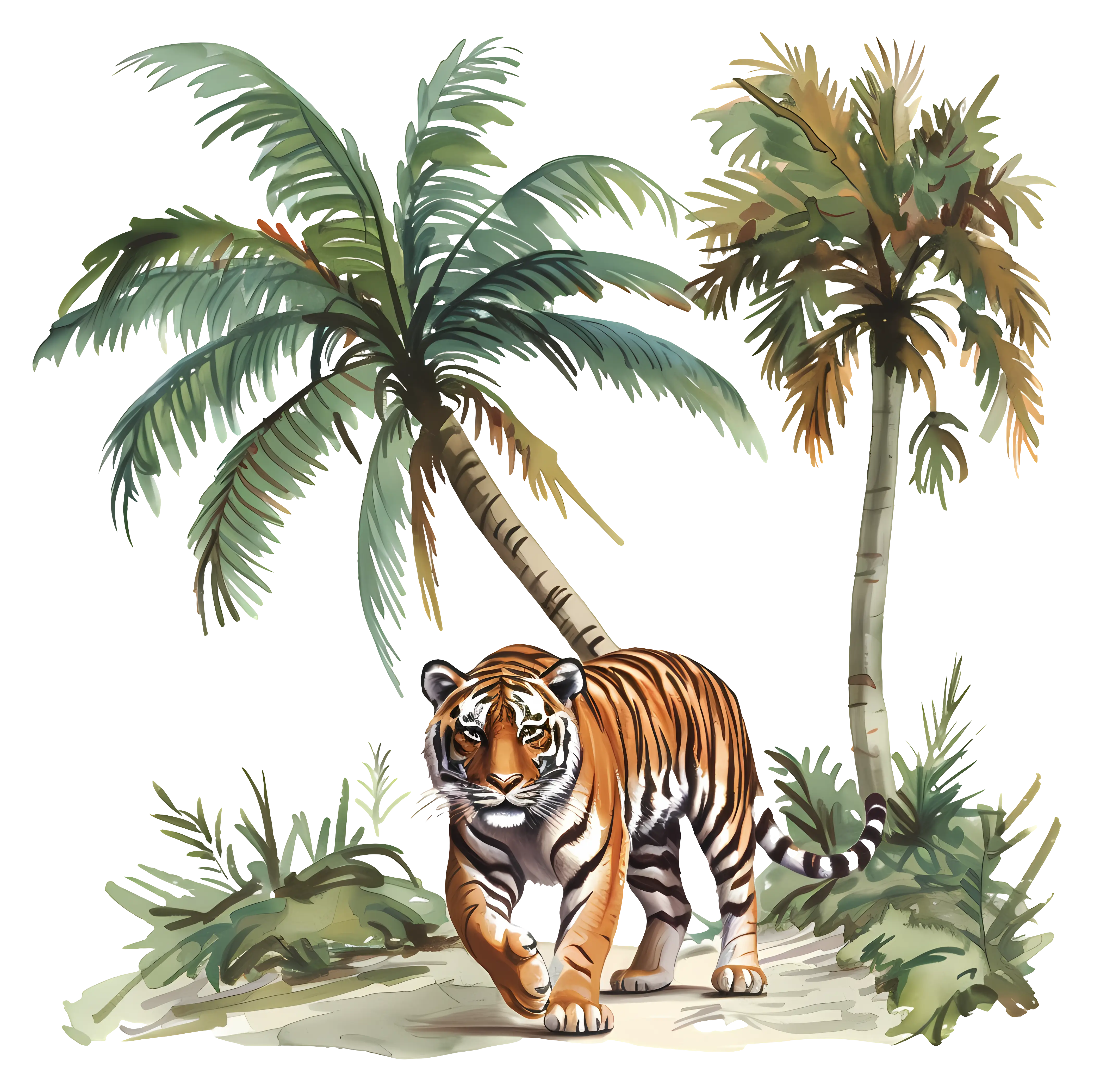 Tiger Walking in a Tropical Forest