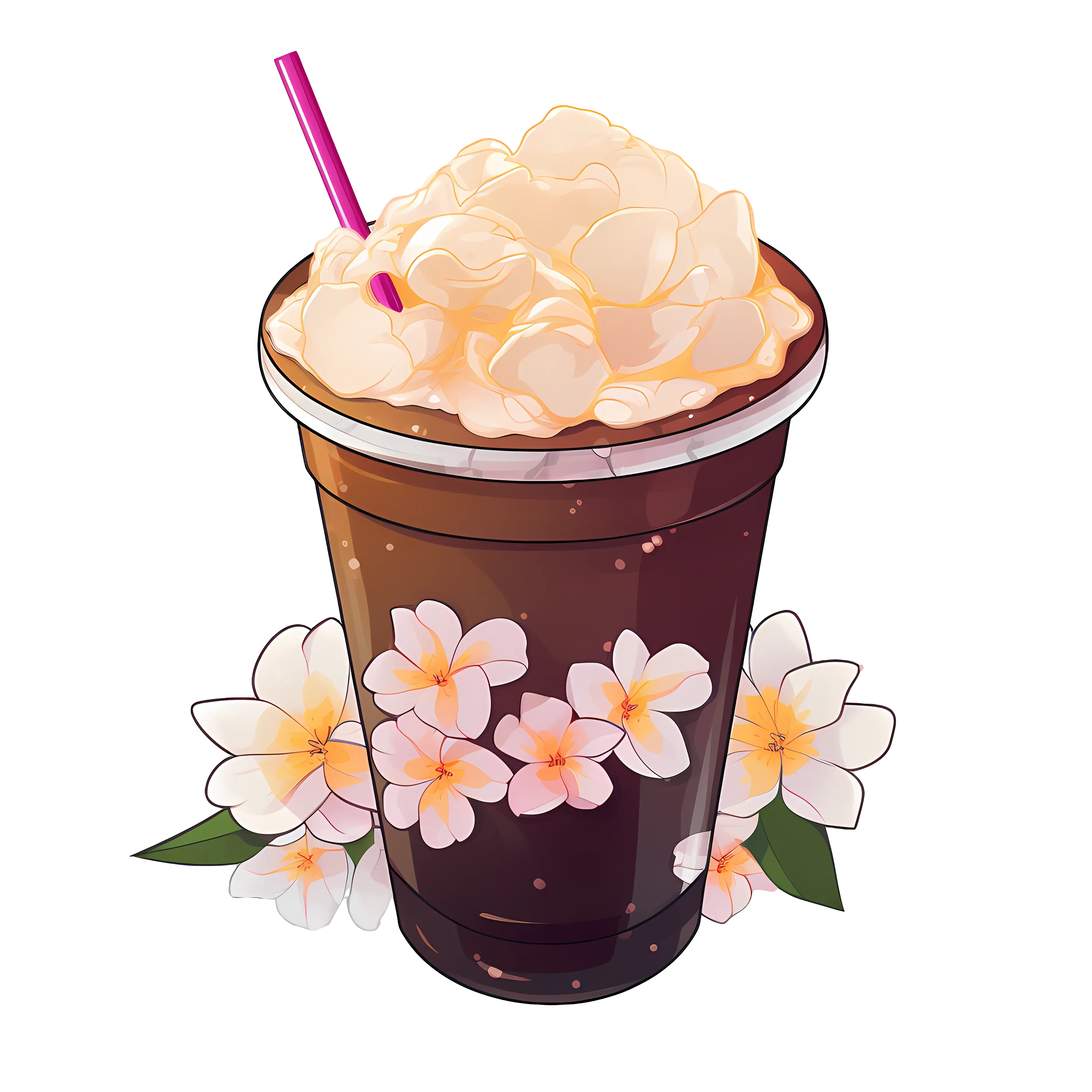 Refreshing Iced Coffee with Whipped Cream and Floral Design