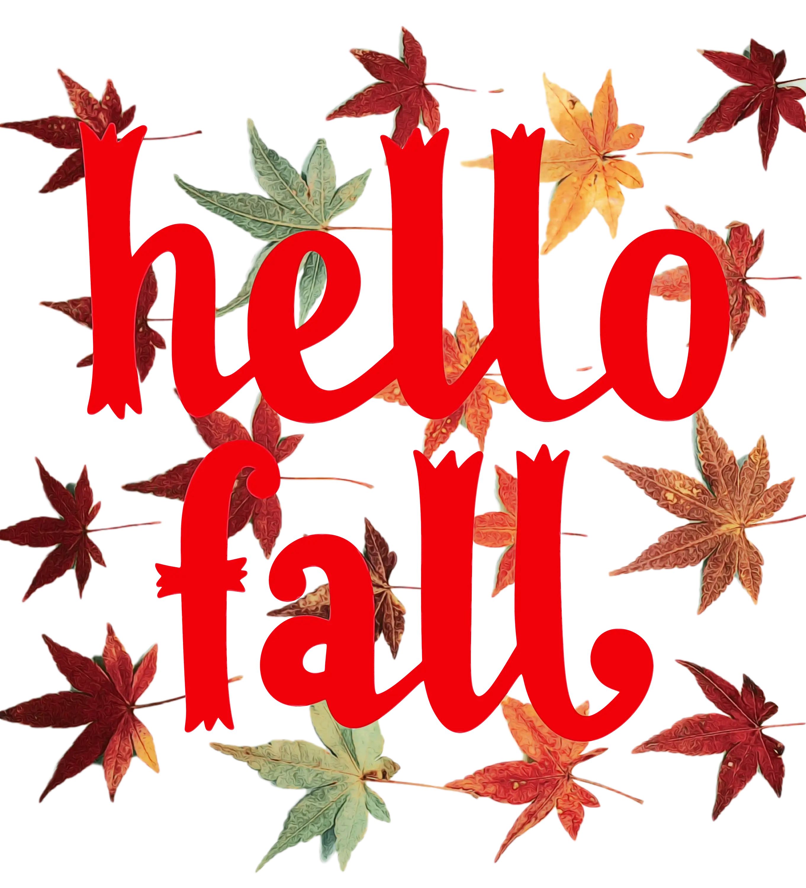 Hello Fall Text with Colorful Leaves Design