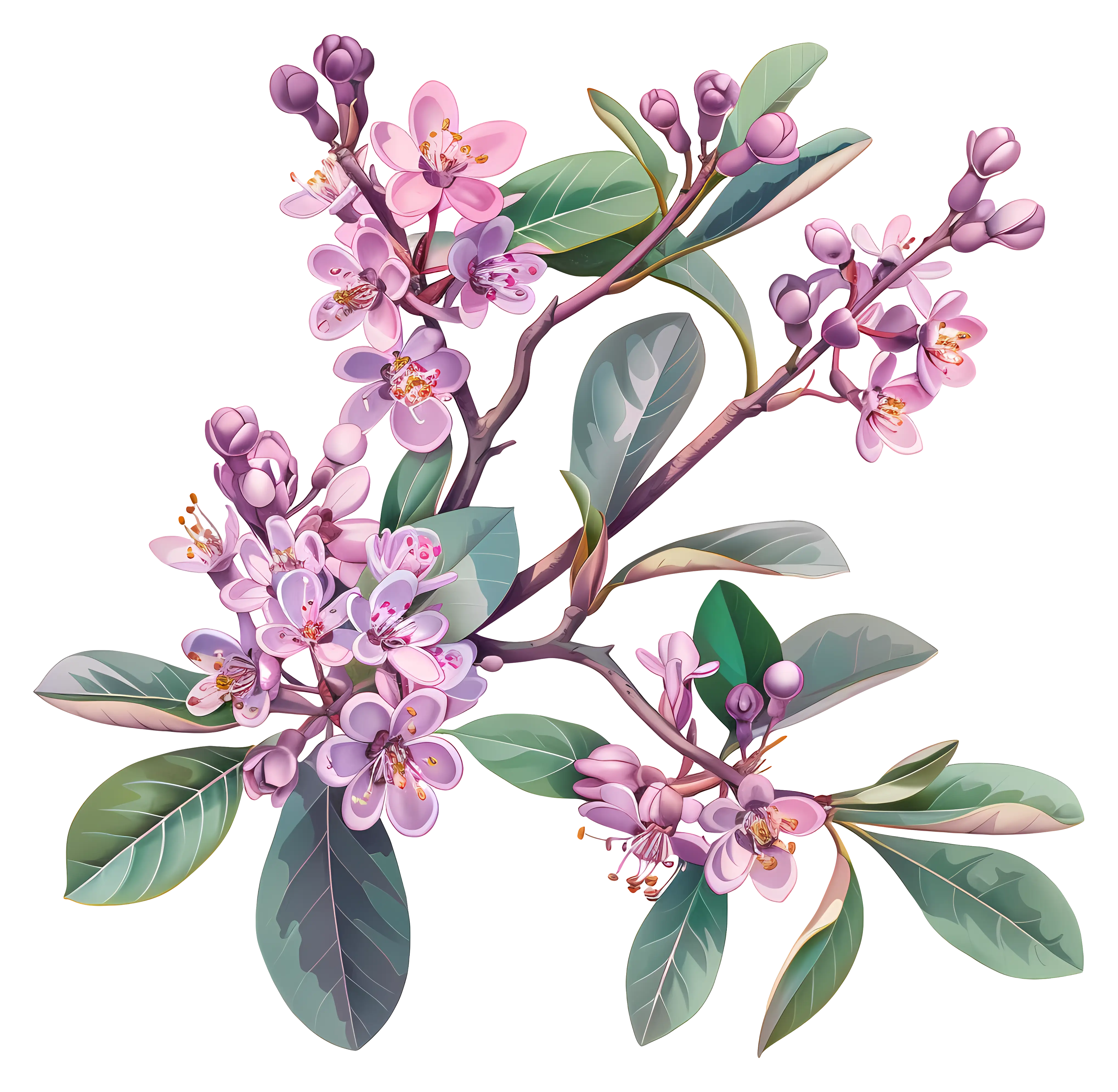 Purple Flowering Branches and Leaves Illustration