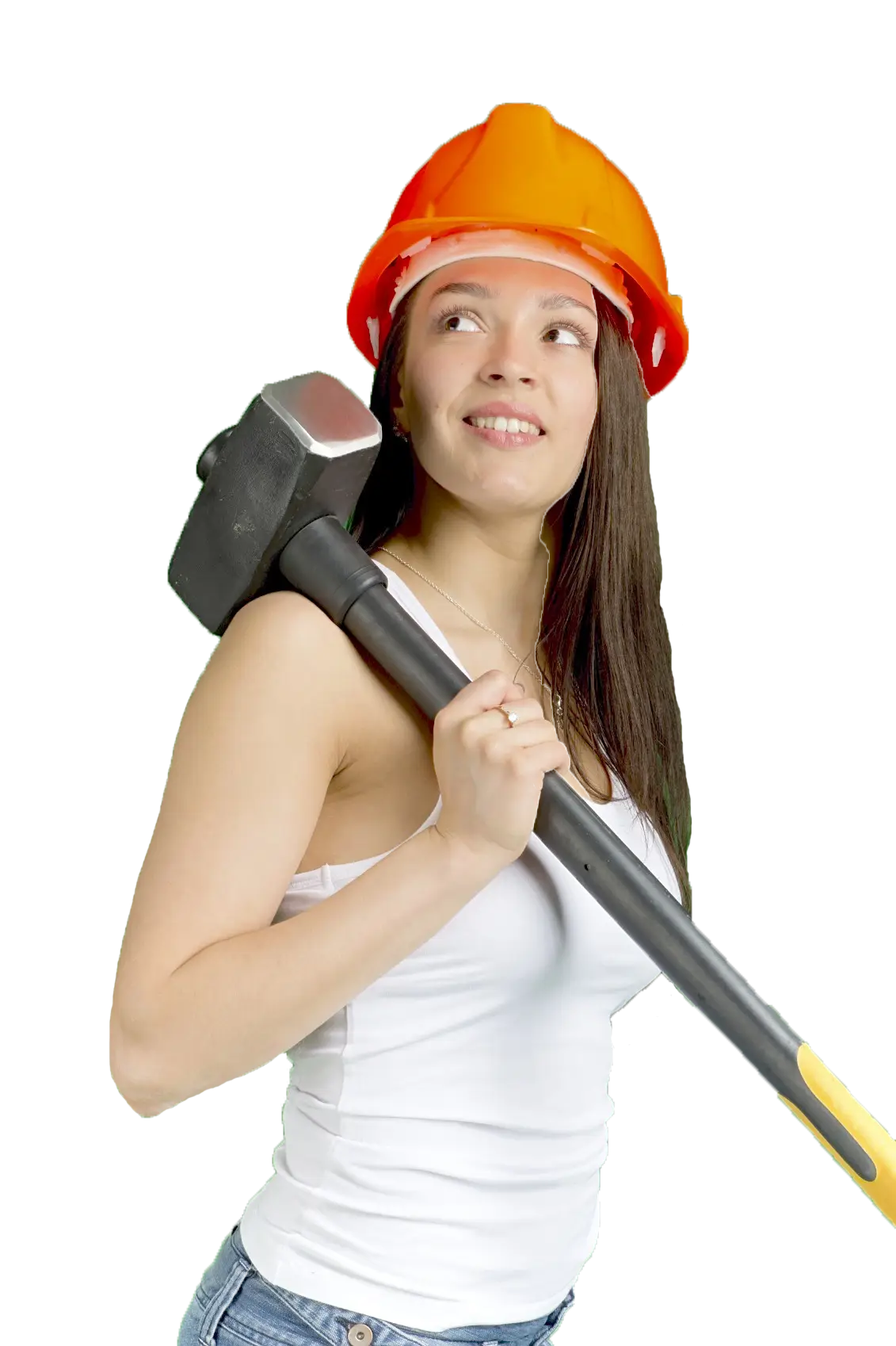 Woman in Hard Hat Holding a Hammer