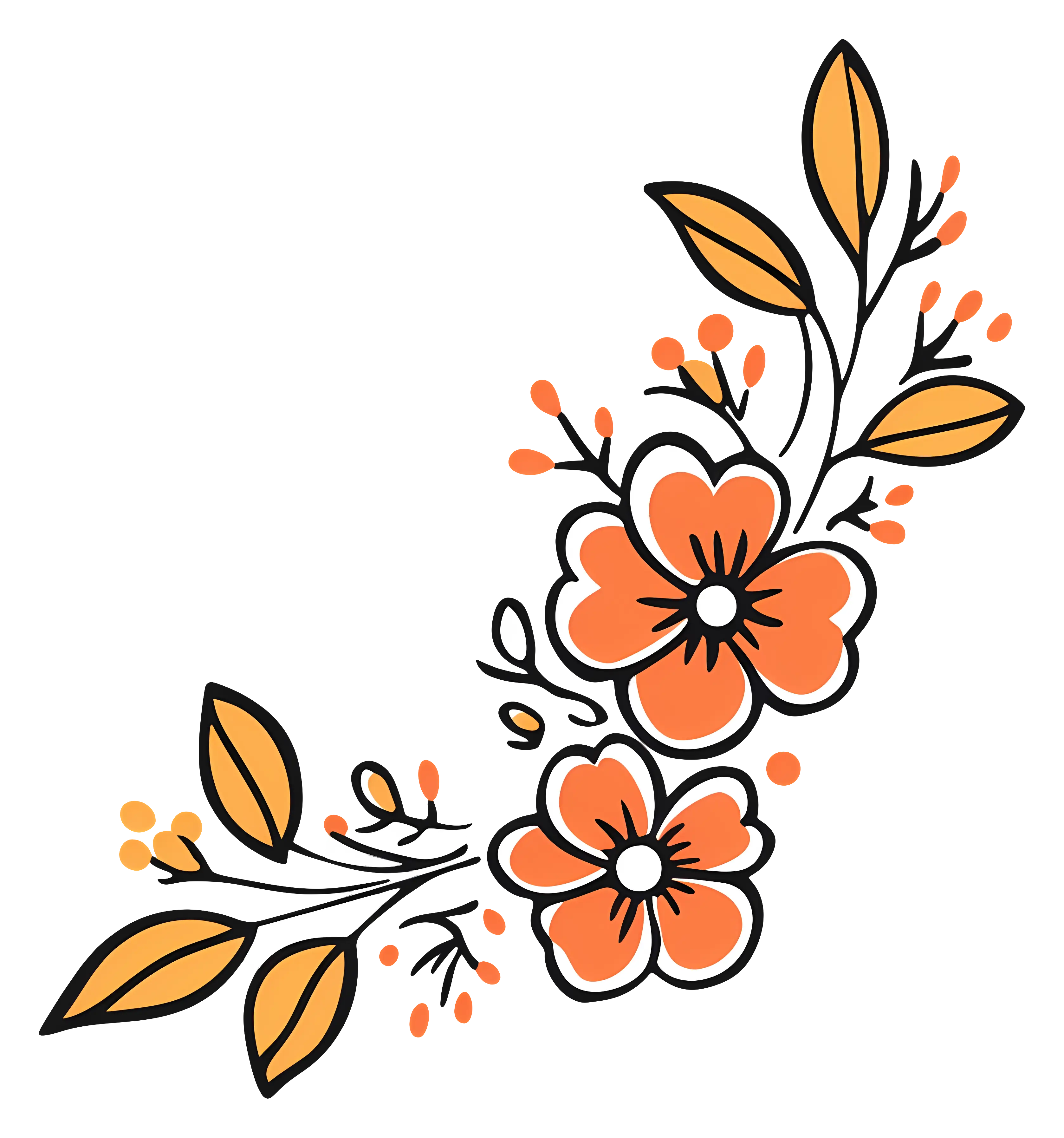 Orange Floral Doodle with Leaves