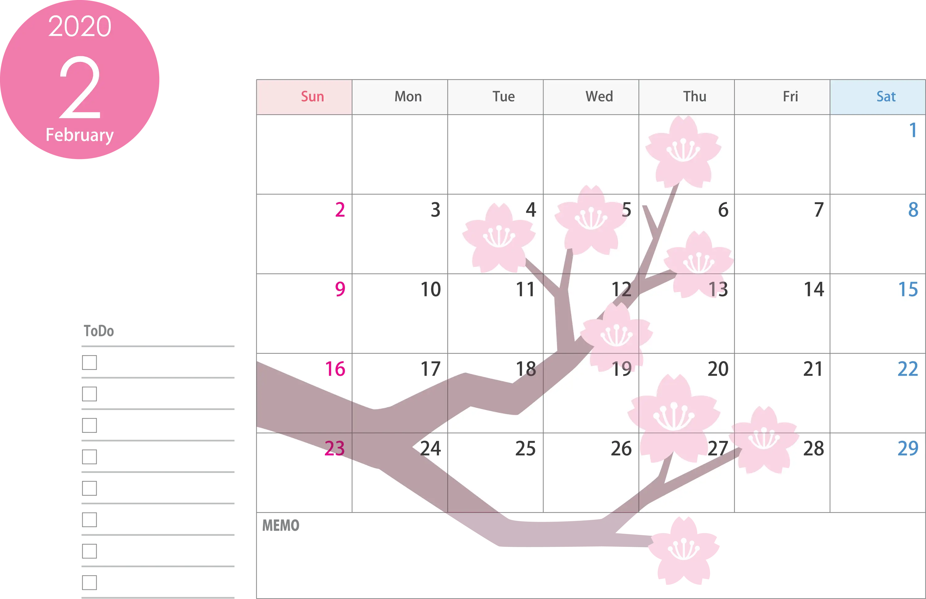 February 2020 Calendar with Cherry Blossoms