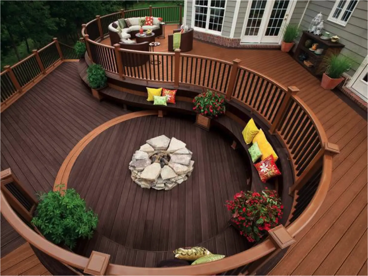 Circular Wooden Deck with Firepit and Seating