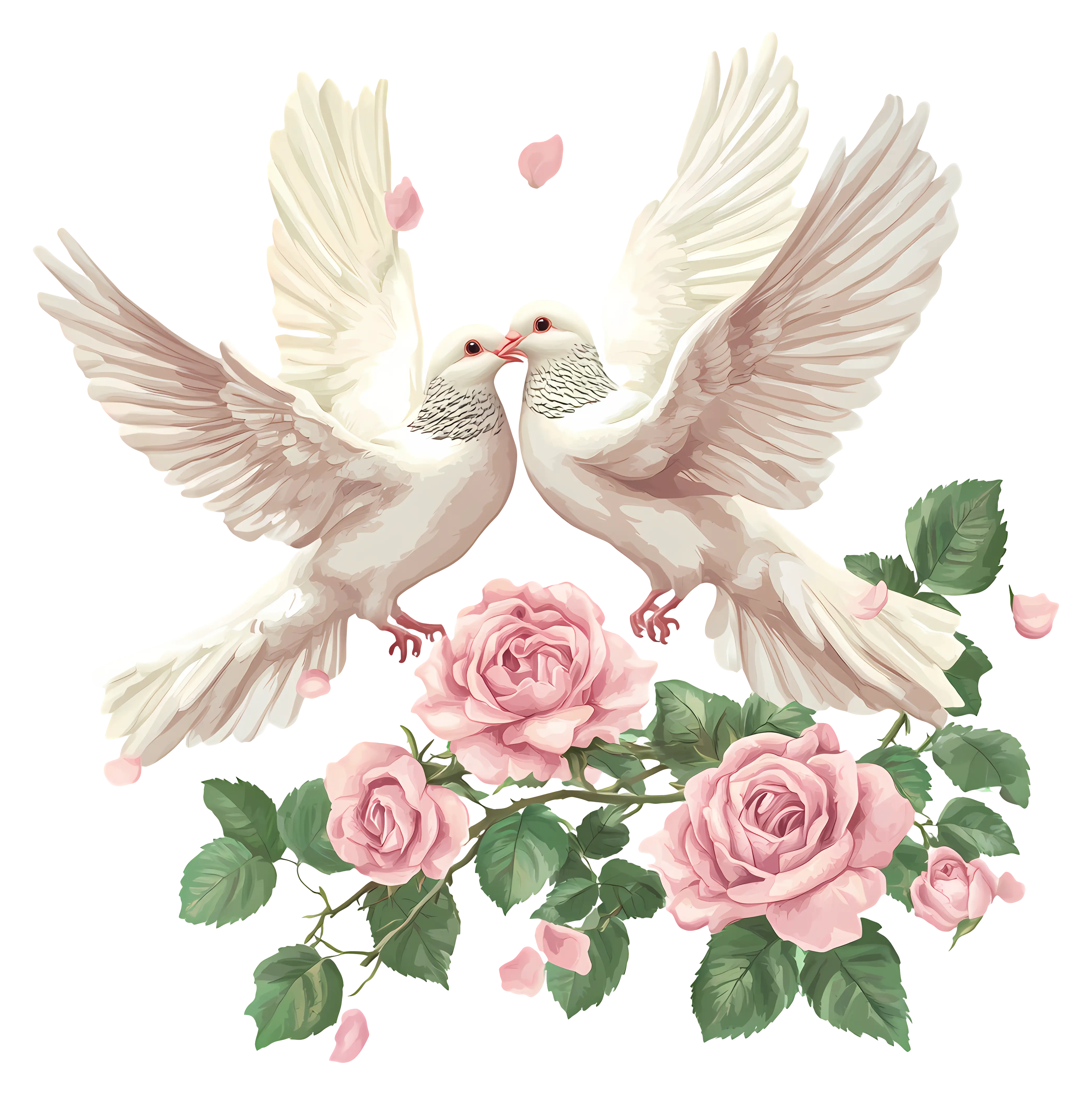 Pair of White Doves with Pink Roses