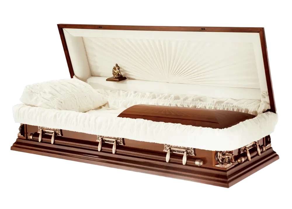 Open Wooden Casket with Elegant White Interior