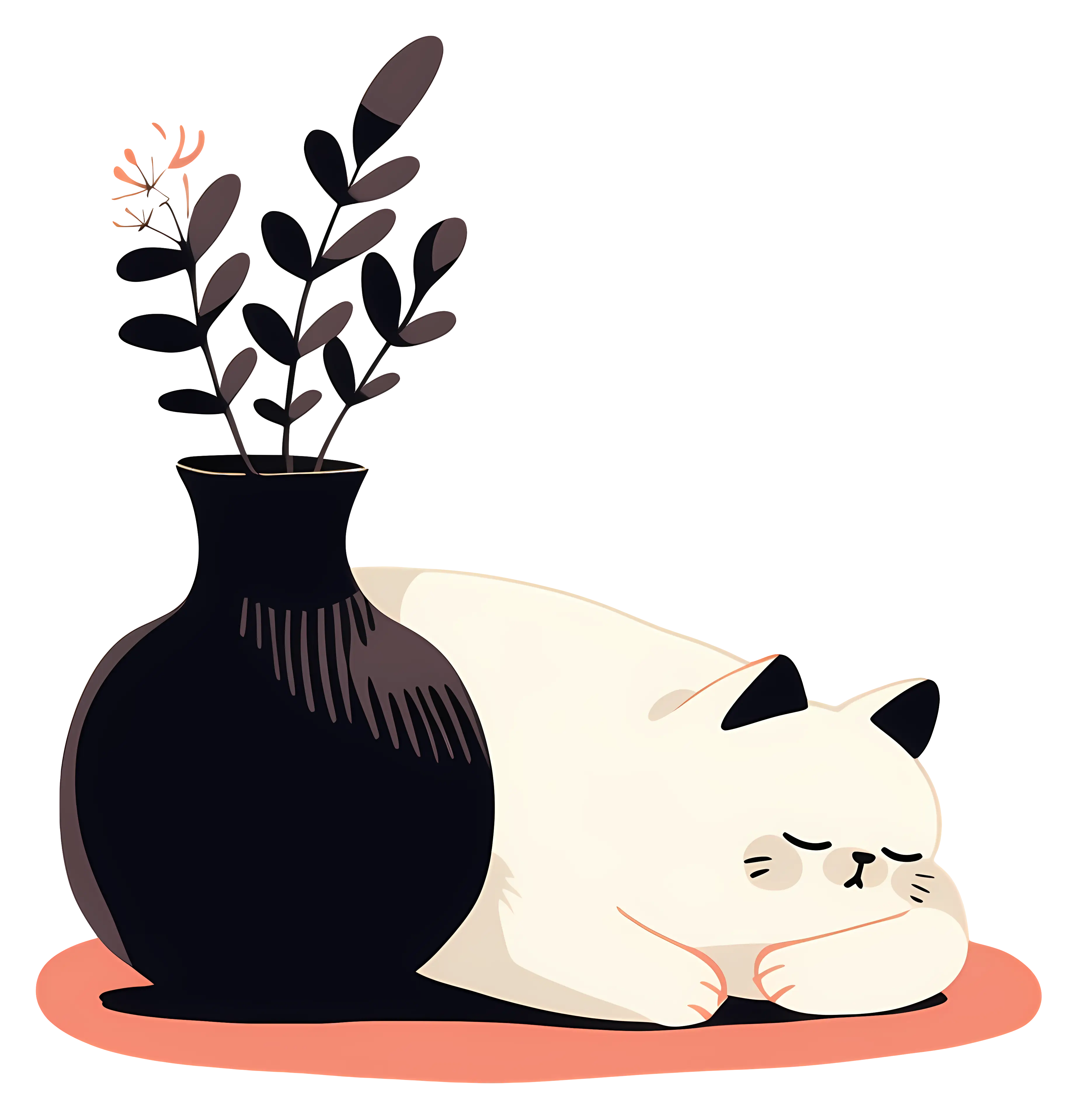 White Sleeping Cat with Vase