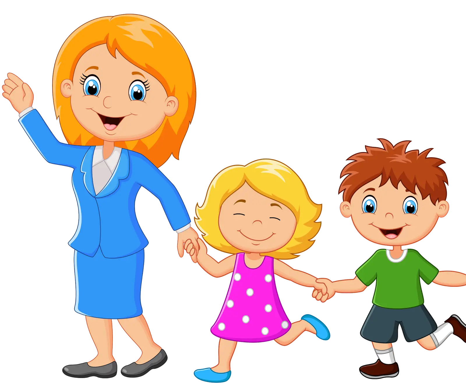 Cartoon Illustration of a Mother with Two Kids